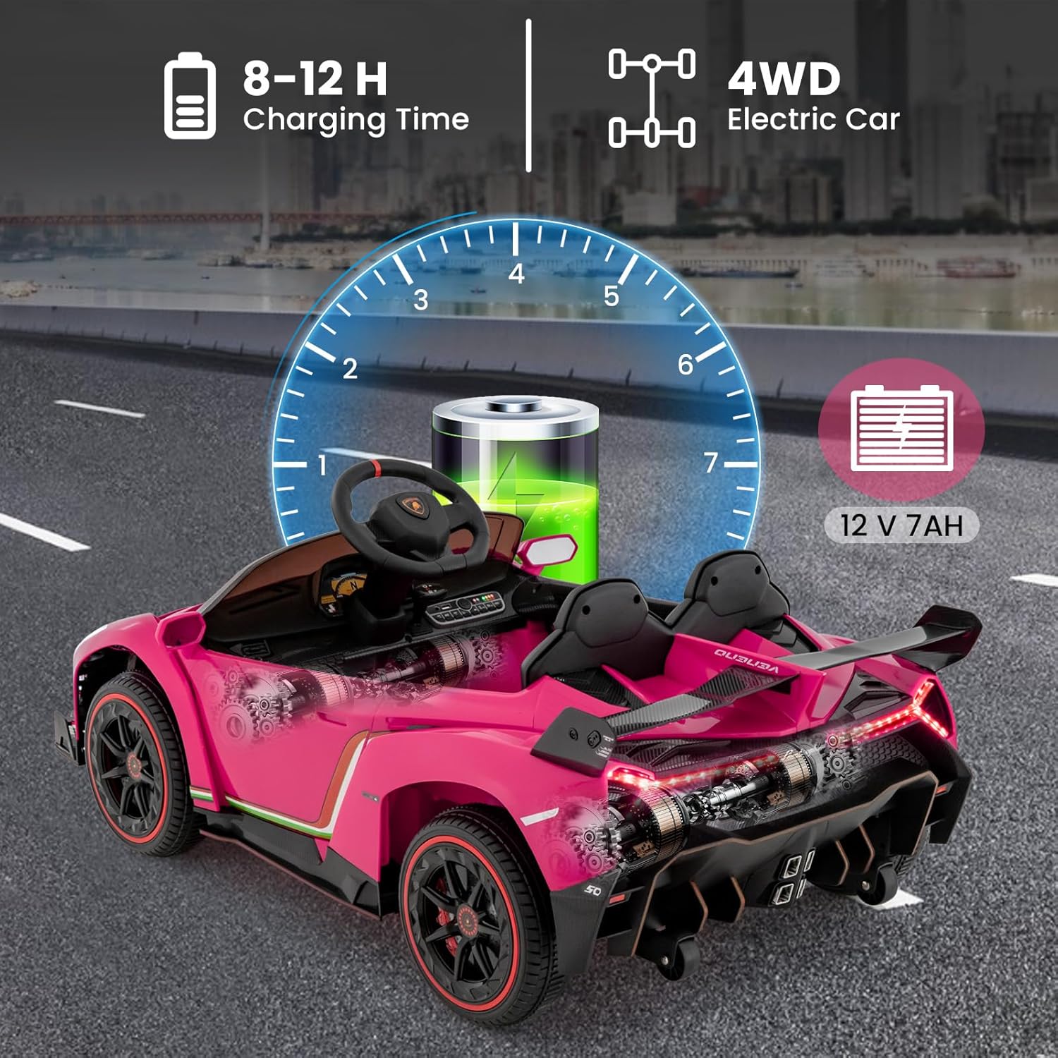 GLACER Licensed Lamborghini Ride on Car, Battery Powered Sports Car Toy with Remote Control, 3 Speeds, Built-in Towing Wheels, Hydraulic Doors, LED Lights, Music, 12V Electric Car for Kids (Pink)