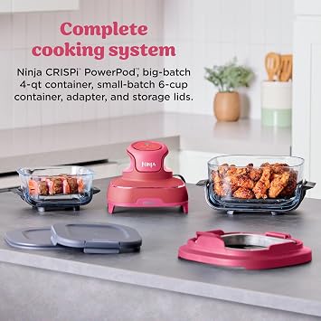 Ninja Crispi 4-in-1 Glass Air Fryer | 450F | Non-Toxic | 4QT & 6-Cup Glass Containers w/Lids | Microwave, Freezer, Dishwasher Safe | Max Crisp, Air Fry, Bake, Recrisp | Cherry Crush | FN101DR