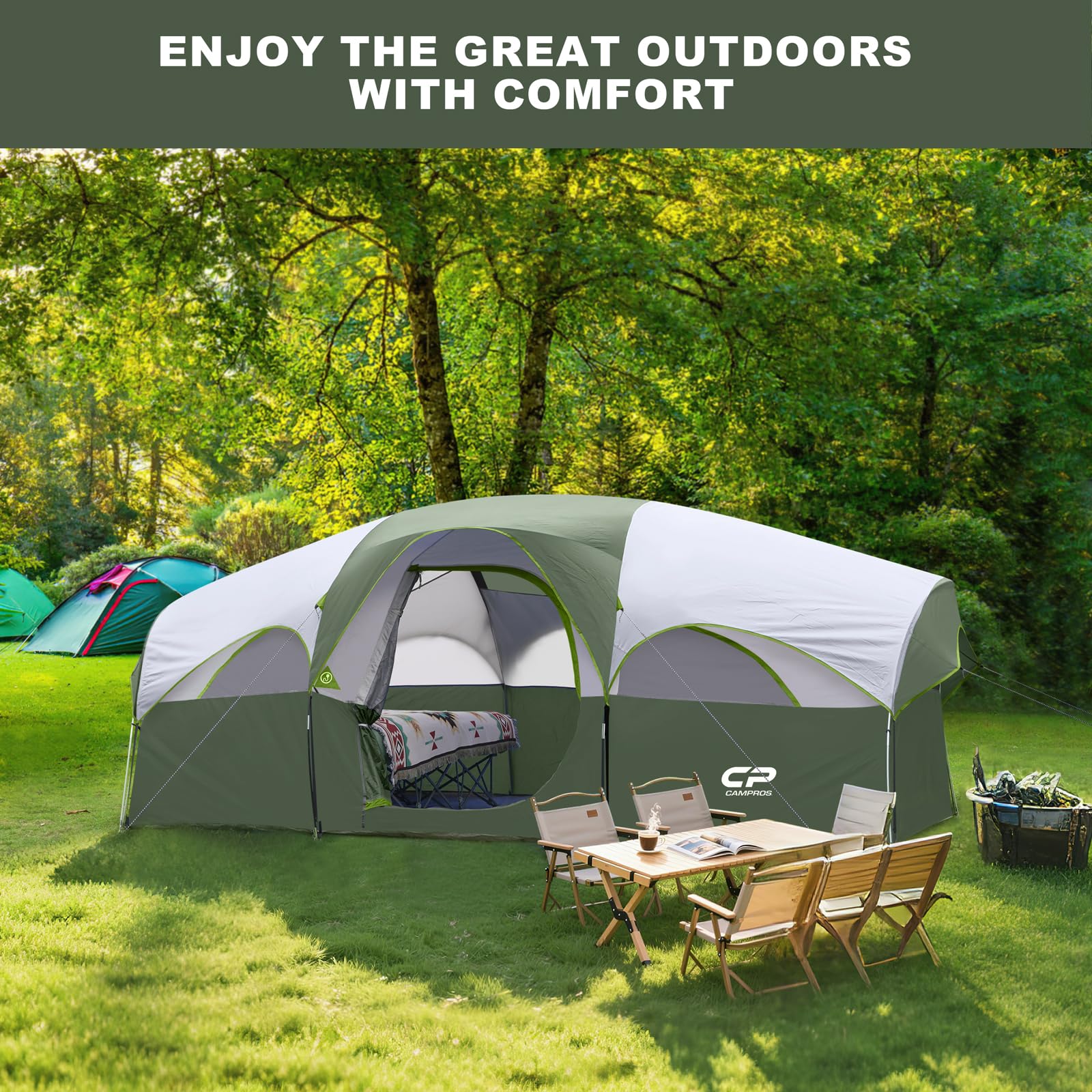 CAMPROS CP Tienda de Campaña 6-8 Personas, Tienda Familiar Grande 427 x 274 x 183 cm, 2 Habitaciones con Separador, Altura Cómoda, Montaje Rápido en 5 Minutos, Ventilada, Camping Familiar