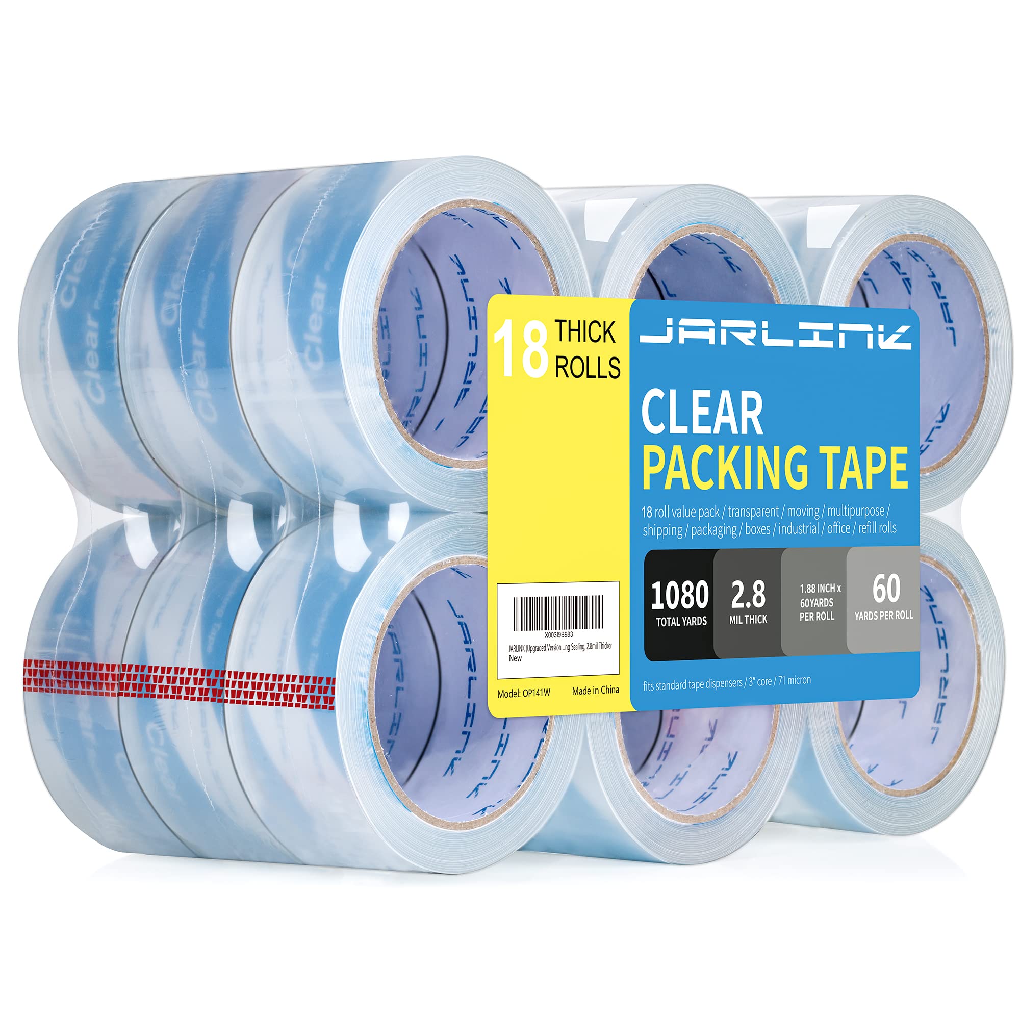 JARLINK Clearer Packing Tape 18 Rolls, Heavy Duty Packaging Tape for Shipping Packaging Moving Sealing, 2.8mil Thicker, 1.88 inches Wide, 60 Yards Per