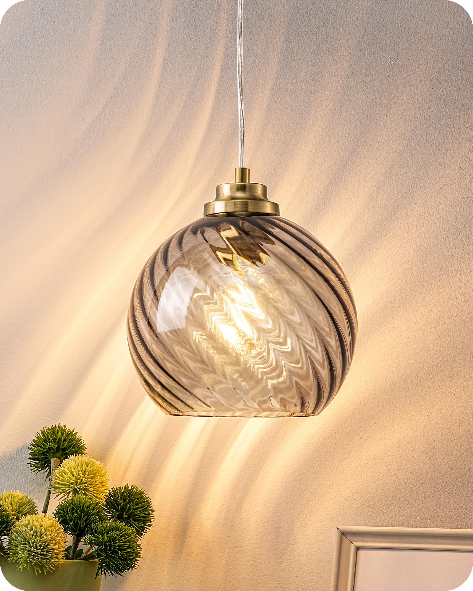 EDISHINE Lampada Sospensione Vetro Ondulato, Grigio Fumo, Regolabile 1,5 m