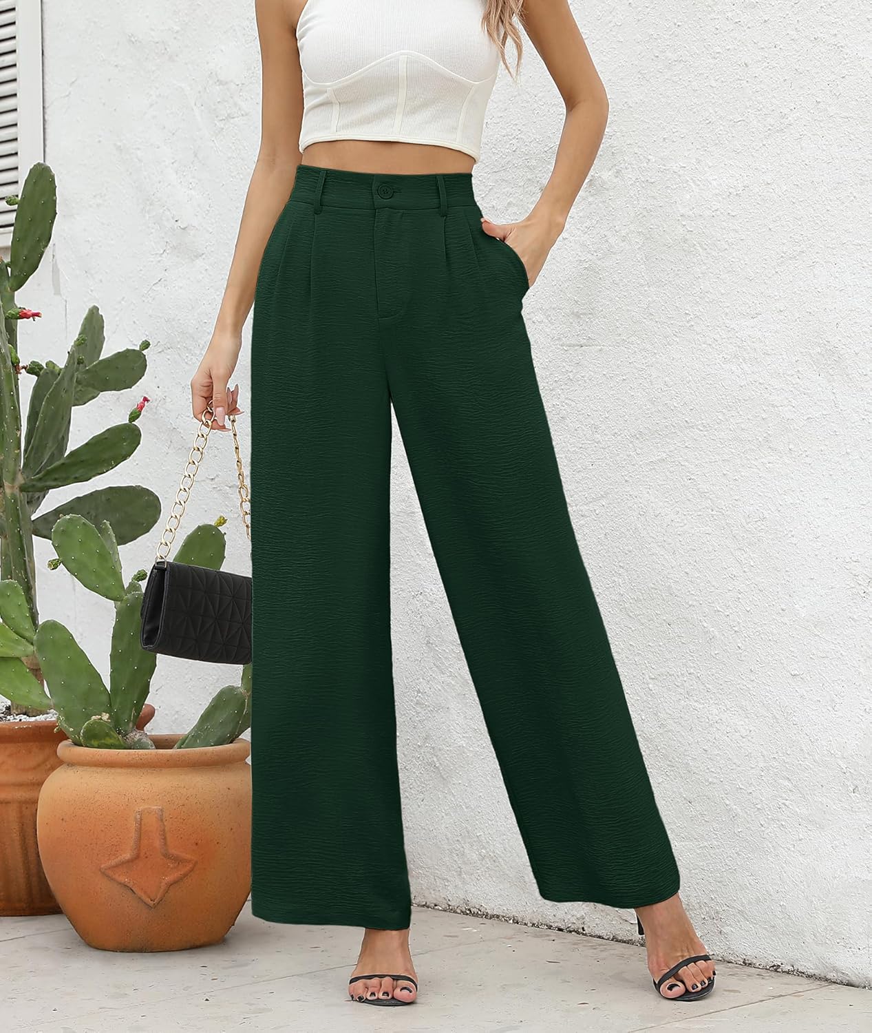 CZYINXIAN Women's Casual High Waisted Wide Leg Pants Flowy Business Work Casual Pants with Pockets - Image 2