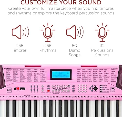 Miniatura 10 de Best Choice Products Juego completo de piano de teclado electrónico para principiantes de 61 teclas con teclas iluminadas, pantalla LCD,