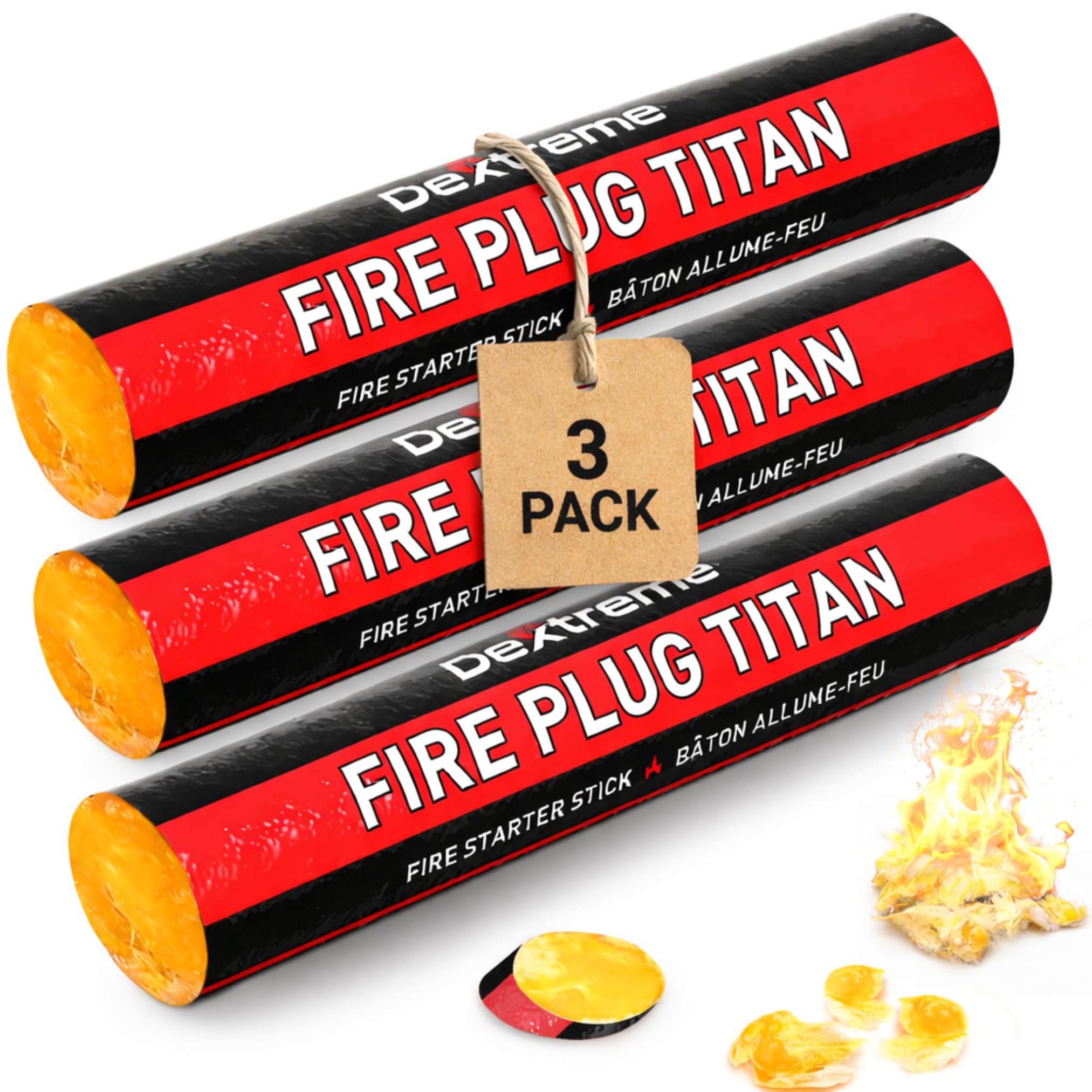 Dextreme Fire Plug Titan - Survival Fire Starting Tinder, Fire Plugs XL, Best Firestarter Stick for Emergency, Survival, Campfire, Bushcraft, and Hiking - Waterproof & Non-Toxic (3 Sticks)