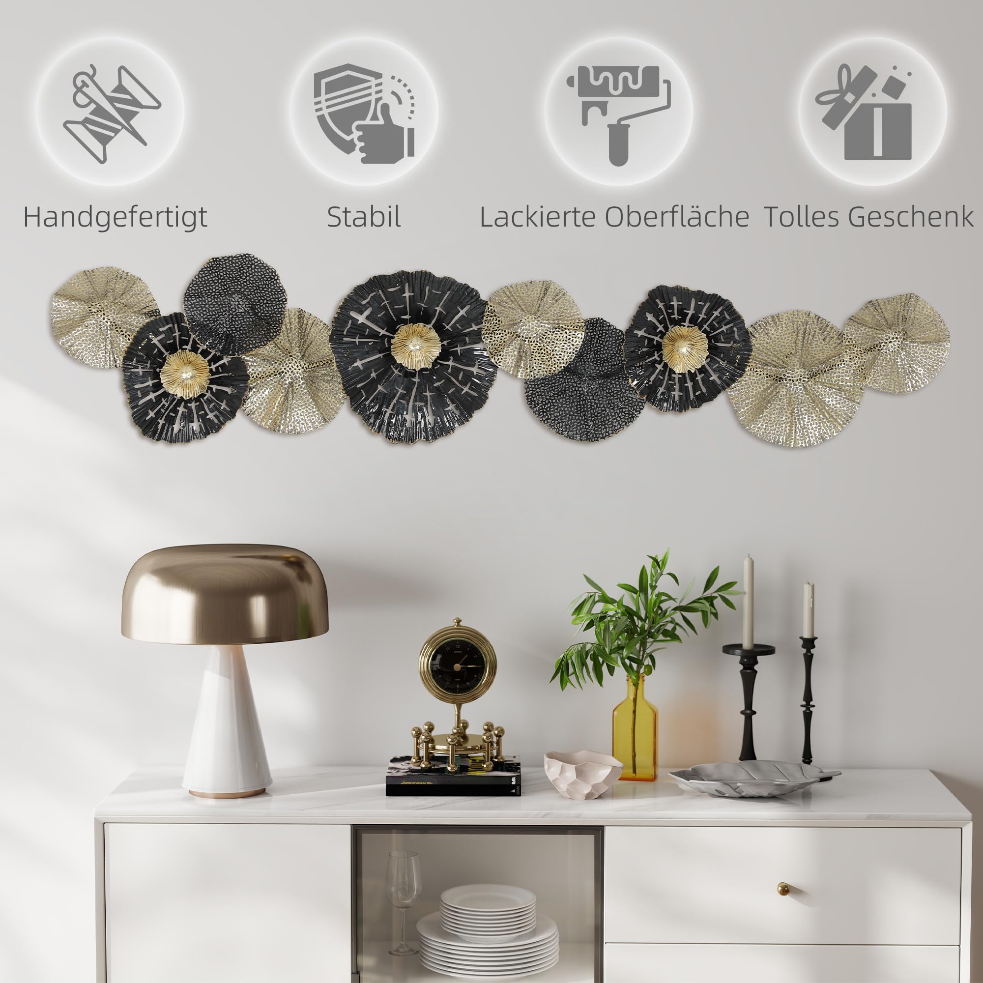 HOMCOM Wanddeko Moderne 3D Metallbild 134cm Wandbild Schwarz+Hellgold