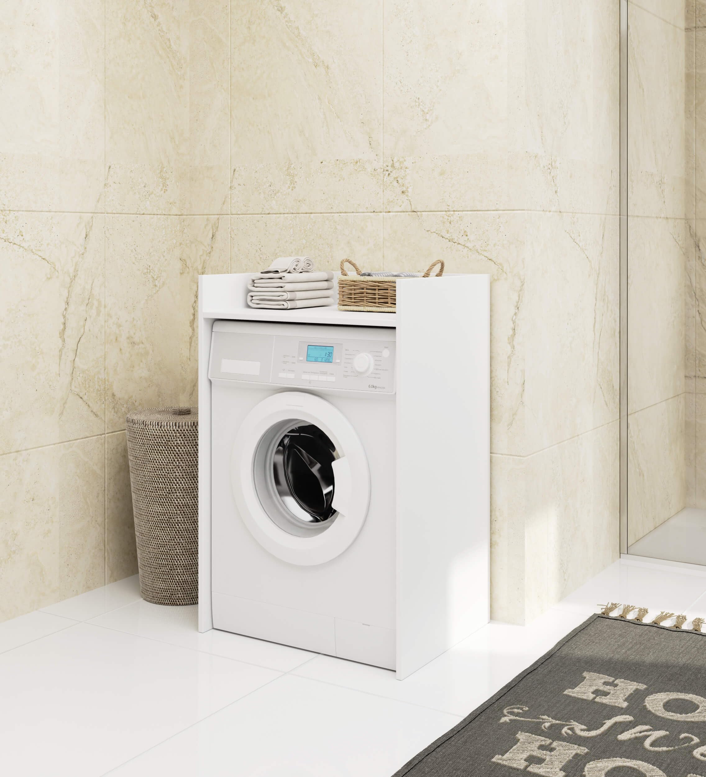 AKORD | Armoire pour Machine à Laver | 64 x 98 x 50 cm | Meuble de Salle de Bain | Étagère pour Machine à Laver | Blanc & Blanc