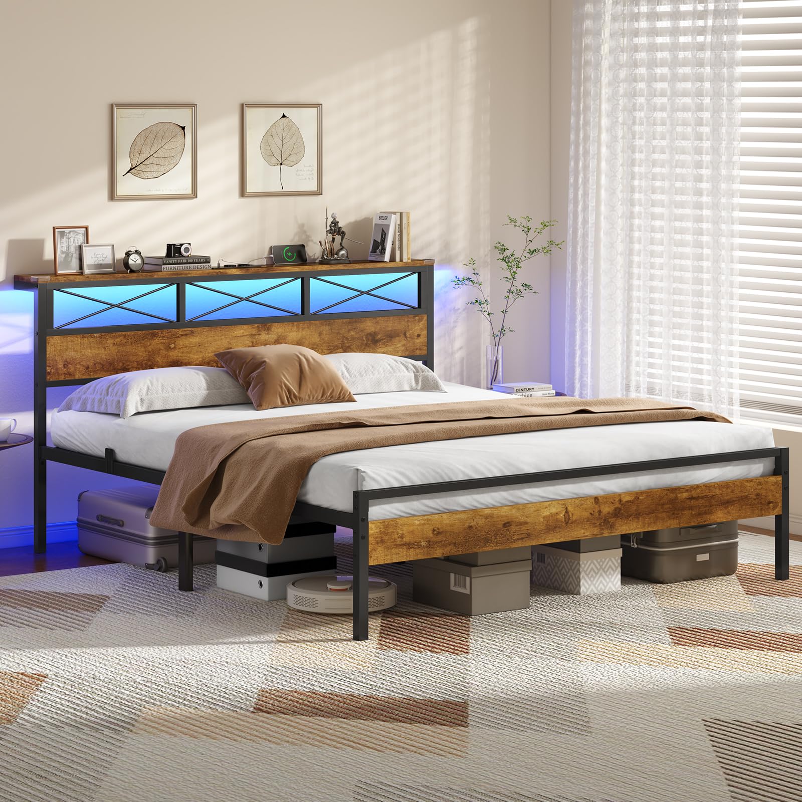 DICTAC Lit 160x200 avec Multiprise et Éclairage LED, Lit 2 Personnes avec Tête de Lit Rangement, Cadre de lit 160x200 en métal, Marron Vintage- Montage Facile