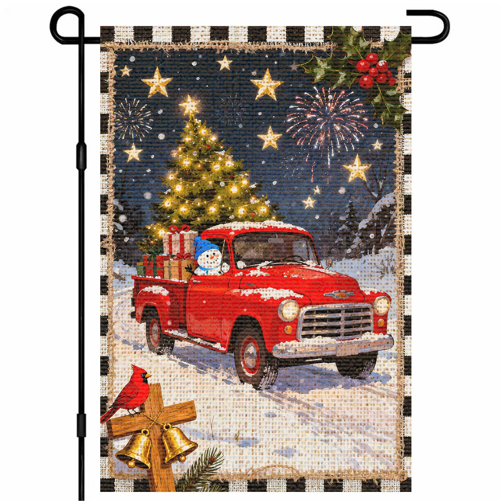 IVN Merry Christmas Burlap Garden Flag 12x18 Inch Red Vintage Truck Fireworks Tree Snowman Flag Double Sided Outdoor Yard Banner for Porch Lawn Patio Decor