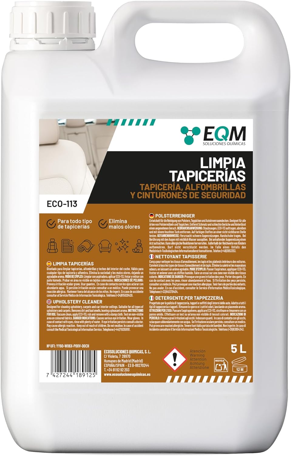 EQM – ECO-113 – Professional Car Upholstery Cleaner – 5L – Fabric, Leather and Alcantara – Removes Stains and Bad Odors – Ideal for Carpets, Upholstery, Carpets, Seat Belts