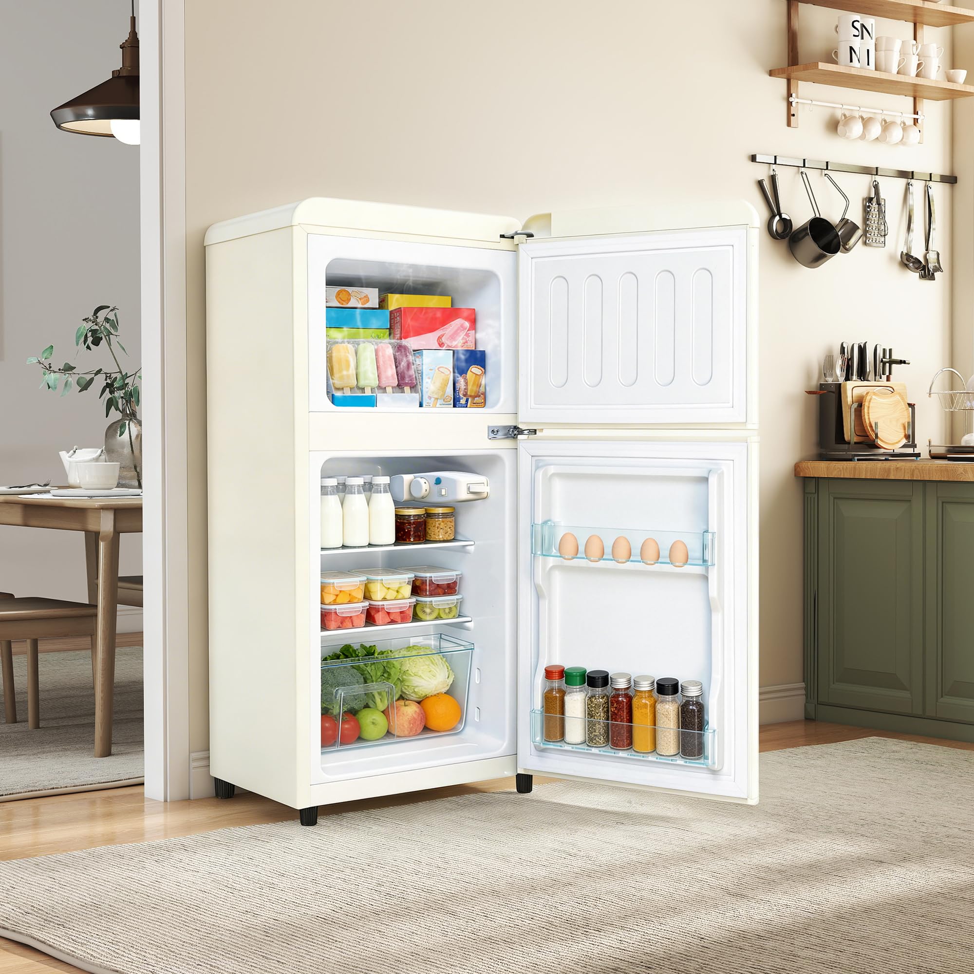 Sweiko Réfrigérateur à deux portes (86 litres), compartiment réfrigérateur 56 litres + compartiment congélateur 30 litres, 7 niveaux de réglage de la température, classe énergétique E (Off White)