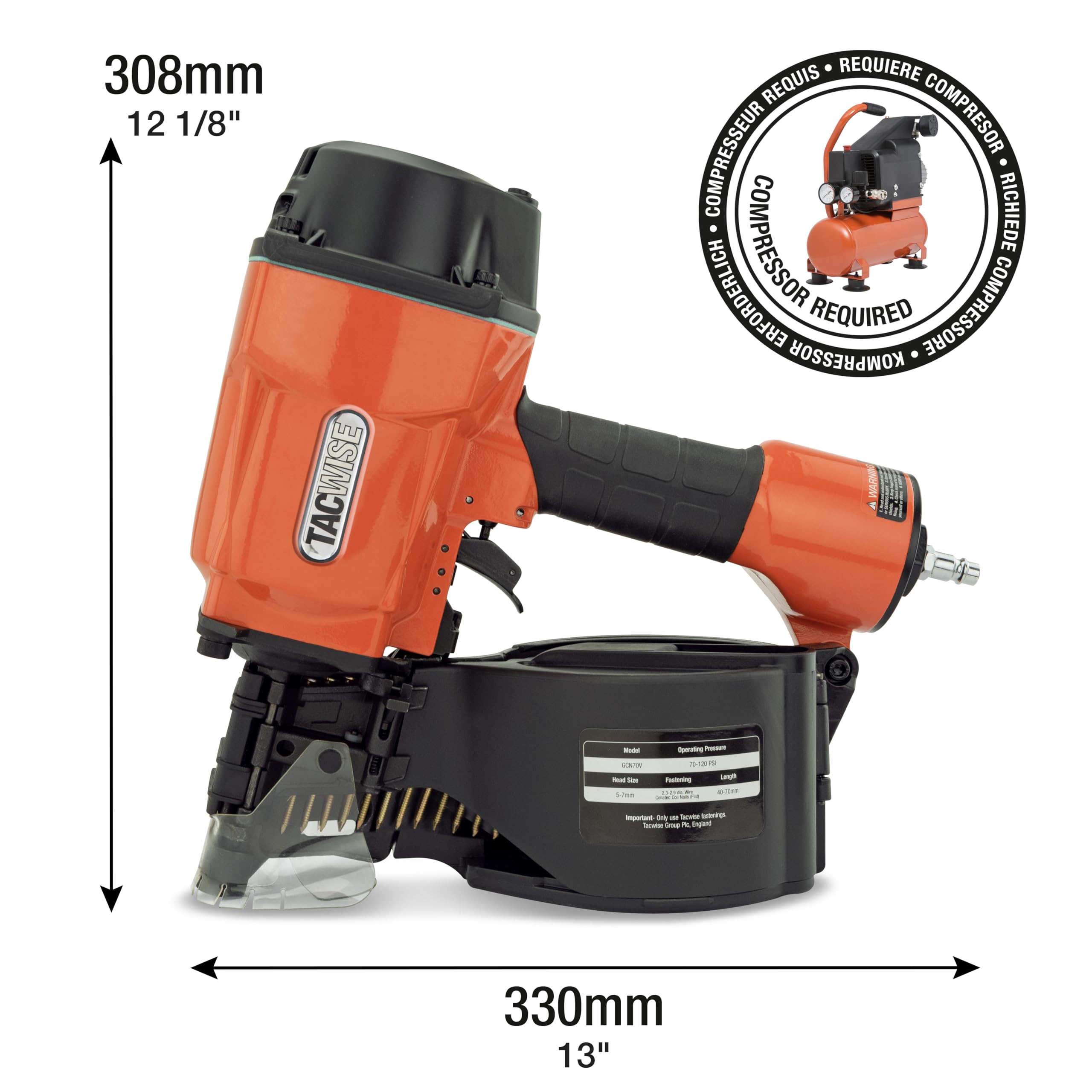 Tacwise GCN70V Clavadora Neumática de Bobina 70mm | Utiliza Clavos en Bobina Plana de 40 a 70 mm