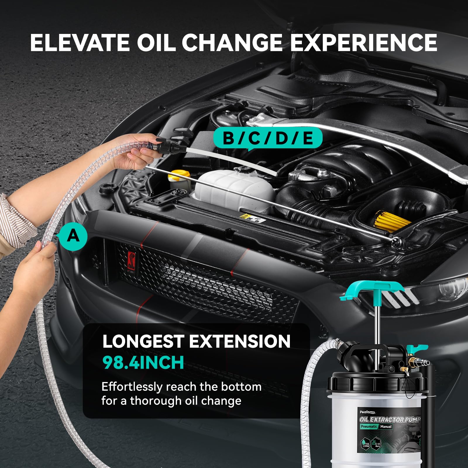 Poafamx Bomba extractora de Aceite de 9.5 L neumática/Manual, Bomba extractora de líquido de 2.5 galones, Bomba de Cambio de vacío de Aceite con 5 Tubos y Unidades de Almacenamiento extendidas para