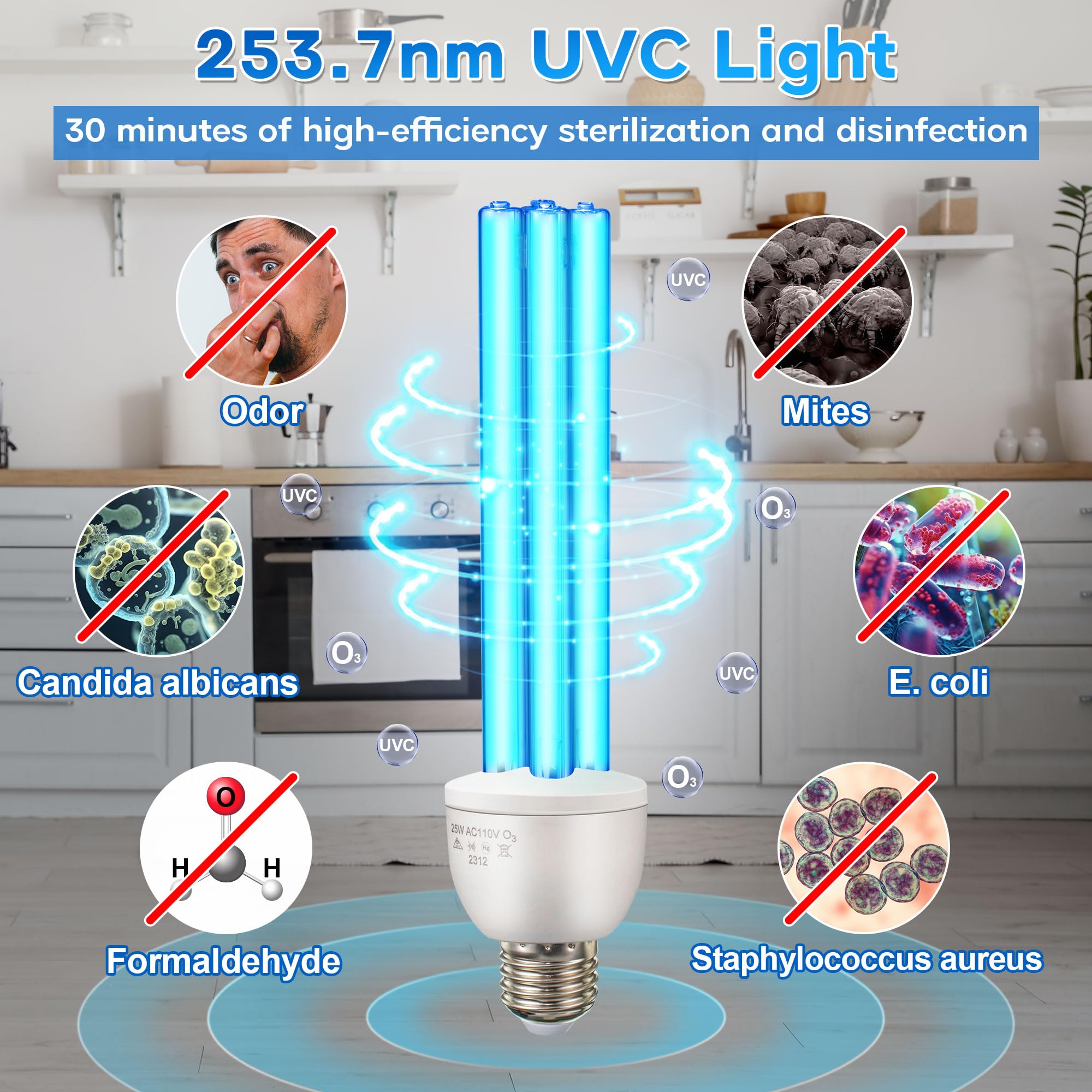 Enhon 25W UV-Lampe, 254nm UVC-Desinfektionslampe mit E27-Sockel, 360° Sterilisation für 500 ft², Wirksam gegen Bakterien in Wohnzimmer, Küche, Büro, Keller (Ozon)
