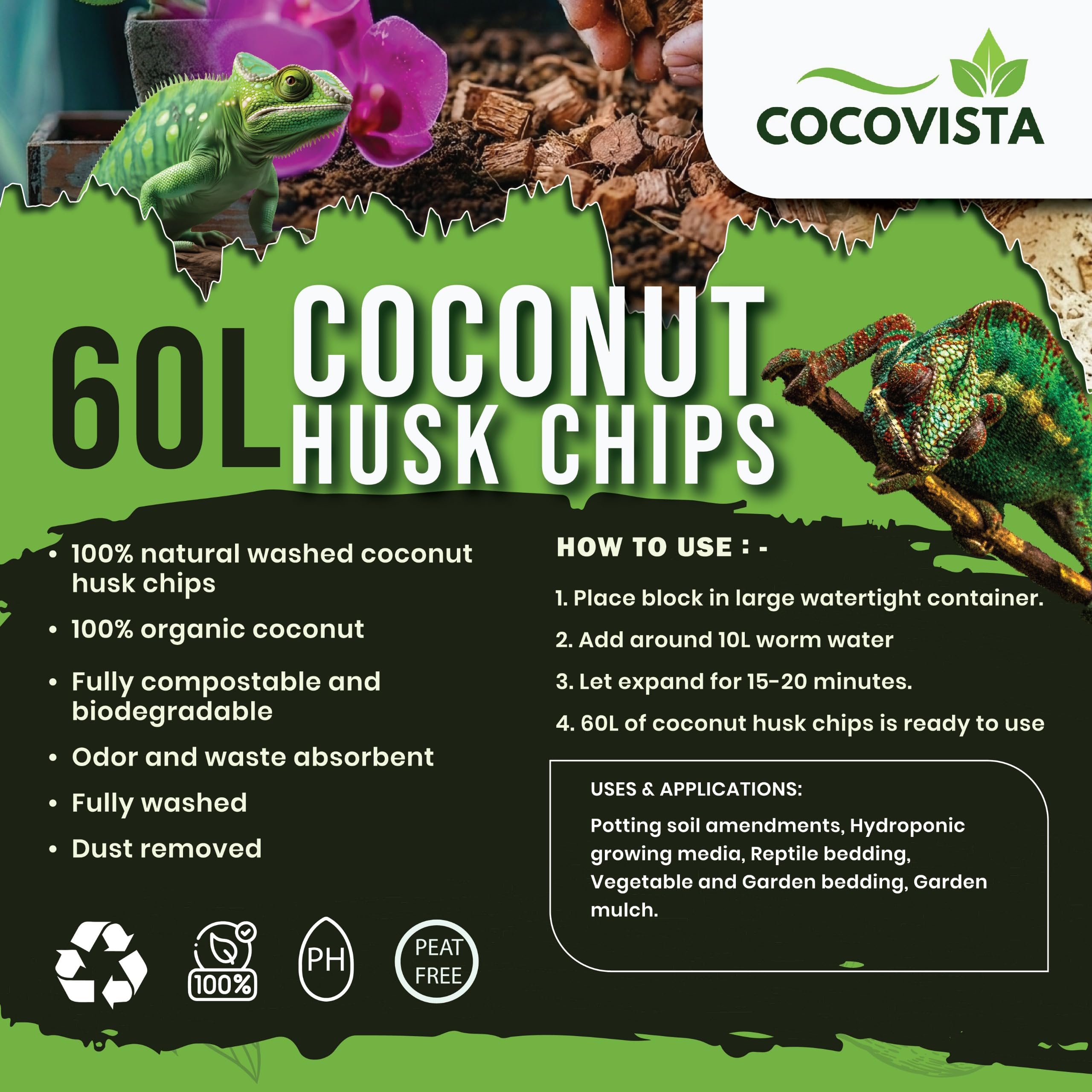 60L Coconut husk chips Blocks | Peat-Free Natural |Growing Media | Mulch Blocks|