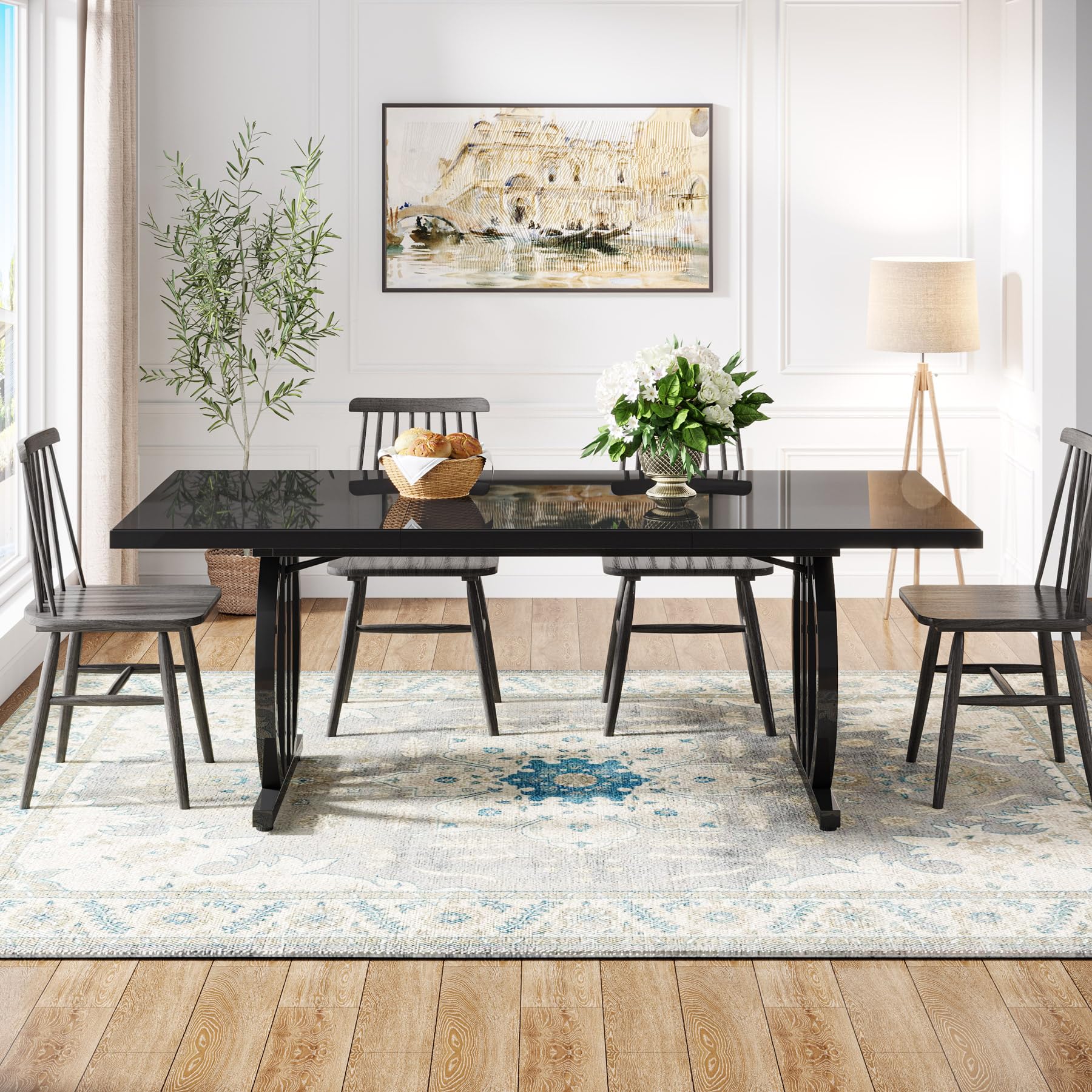 Tribesigns Mesa de comedor para 4-6 personas, 160 x 80 cm, mesa de comedor negra con marco de metal pesado, moderna mesa de cocina rectangular industrial mesa de comedor para la cocina del hogar