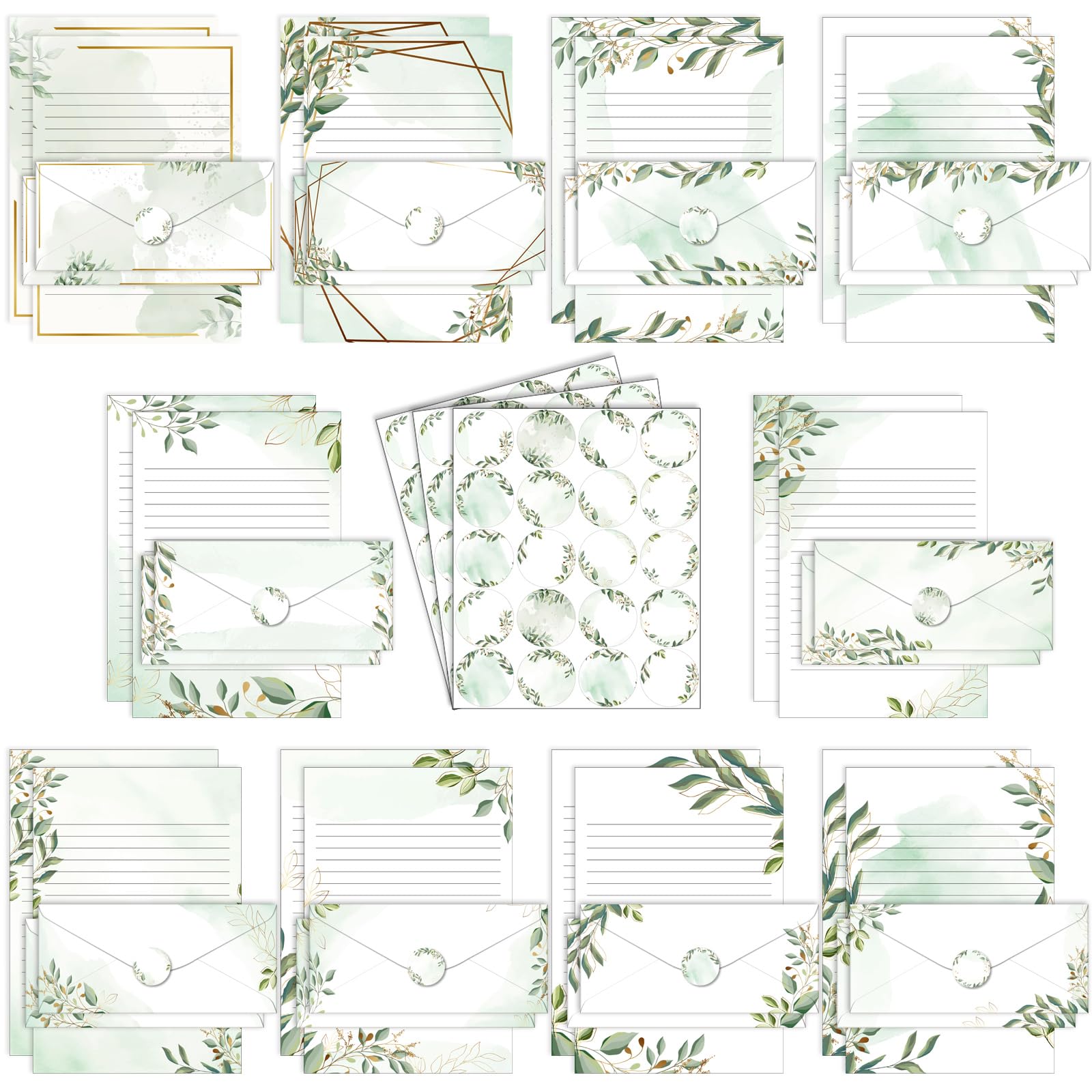 TaoBary 160 Pcs Stationery Paper Set 50 Double Sided Stationery Papers with 50 Matching Envelopes and 60 Round Dot Sticker, 10 Design(Green Leaves,8.5