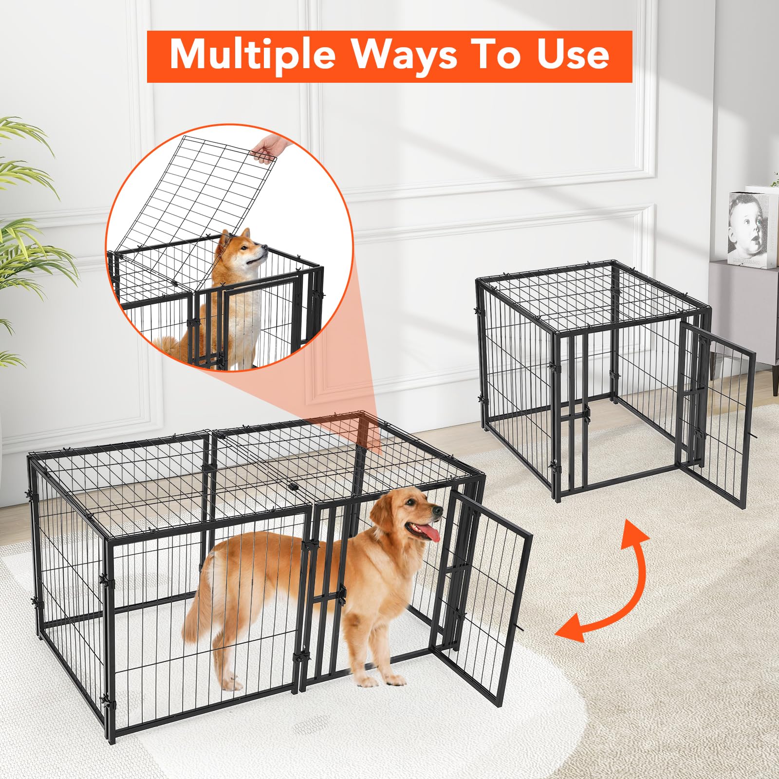 Garvee Jaula para Perros Grande de Alta Resistencia, Jaula Metálica de 122 cm con Tres Puertas y Ruedas con Freno, Parque para Mascotas Robusto para Perros Medianos y Grandes, Uso Interior y Exterior