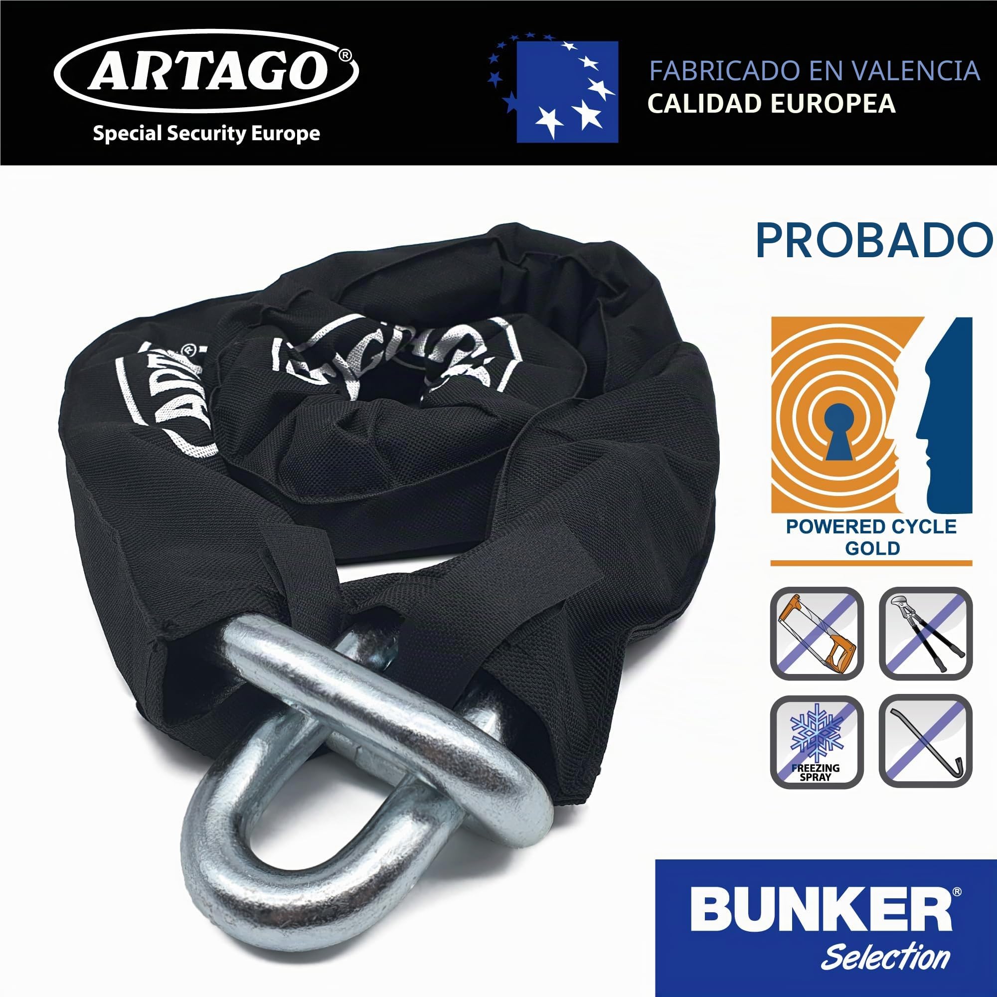 Artago 14.100 Cadena Antirrobo Moto Alta Gama, Maxima Seguridad Homologada Sold Secure Gold, BUNKER SELECTION ø15mm 100cm, Recubrimiento Nylon Antiarañazos, Antirobo para Motocicleta, Anclaje Parking