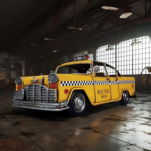 Miniatura 6 de Retro hecho a mano amarillo NYC Classic Checkered Taxi Cab Modelo de taxi de la ciudad de Nueva York 11 pulgadas de largo, modelo de vehículo