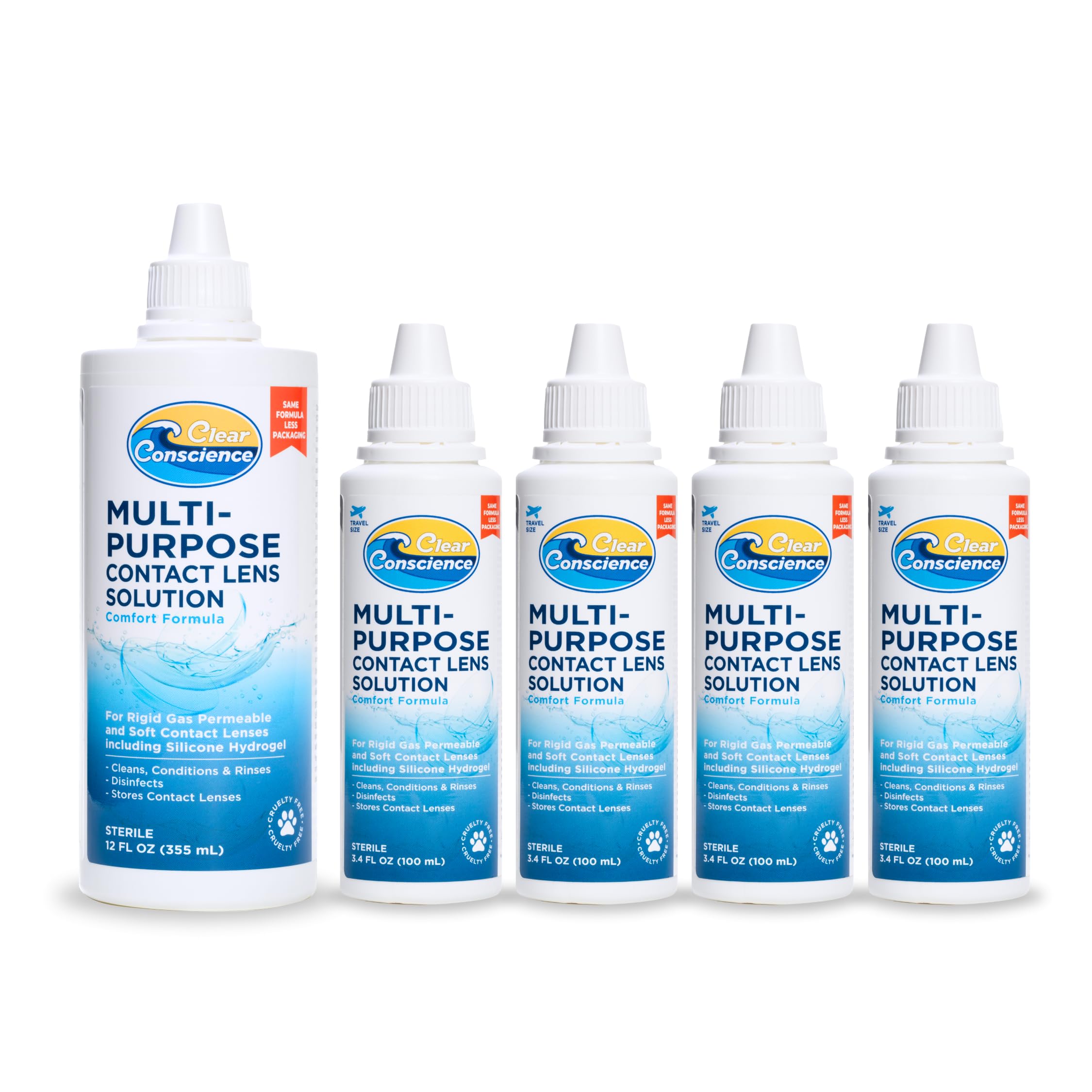 Cruelty-Free Contact Lens Solution - 12 oz 1 pc Travel Size Contact Lens Solution 3 oz 4 pcs