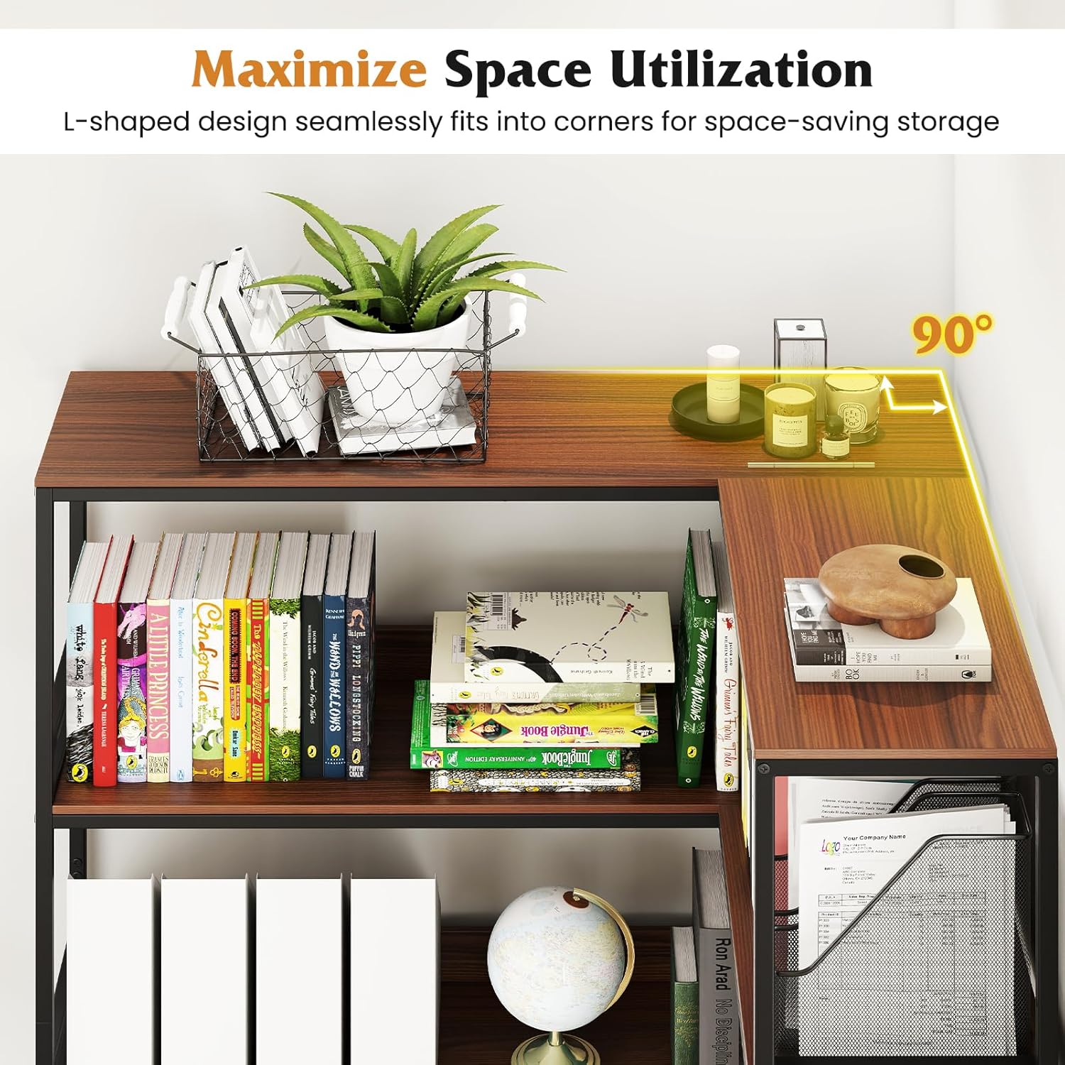 Tangkula Large Corner Bookshelf, 90 Degrees 5-Tier Industrial Wood Open Corner Bookcase for Small Spaces, Heavy-Duty Metal Frame, 71”H L-Shaped Storage Display Rack for Living Room (Walnut)