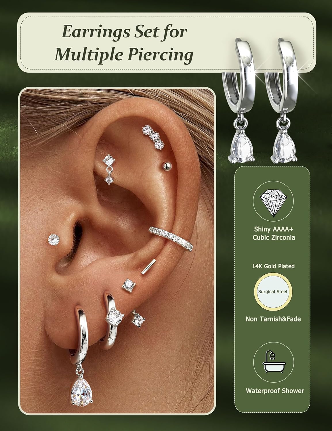 Hypoallergenic Stud Hoop Silver 14K Gold Plated Earrings Stacks - 9 Pairs Surgical Stainless Steel Earring Set for Sensitive Ears - Small Ear Piercing Flat Back Cartilage Earrings for Women Trendy Gifts - Image 3