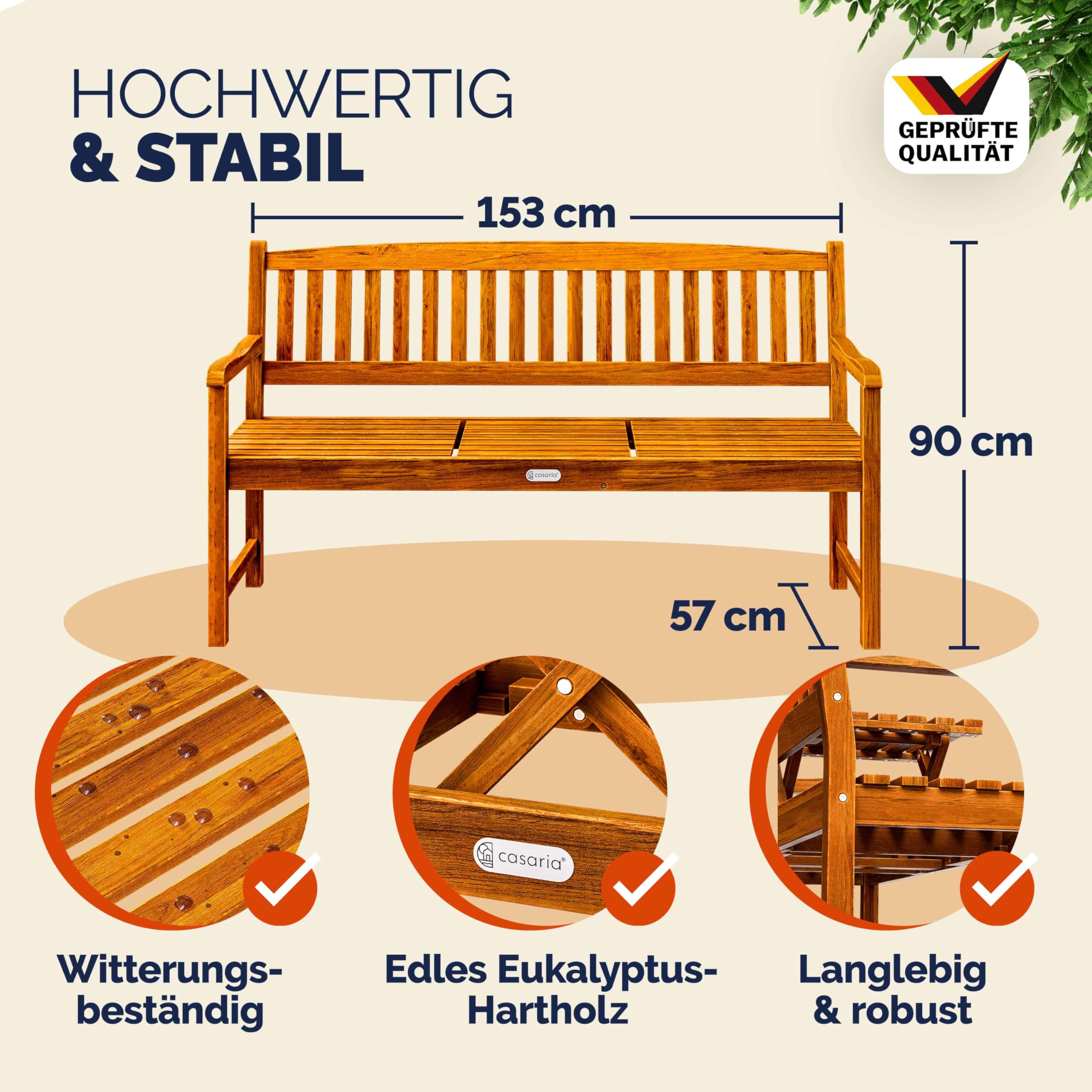 Casaria® Gartenbank FSC®-Zertifiziert Wetterfest | 153x57cm, Holz, 480kg Belastbarkeit, 3-Sitzer, Armlehne, Rückenlehne, Garten, Balkon, Eukalyptus, braun