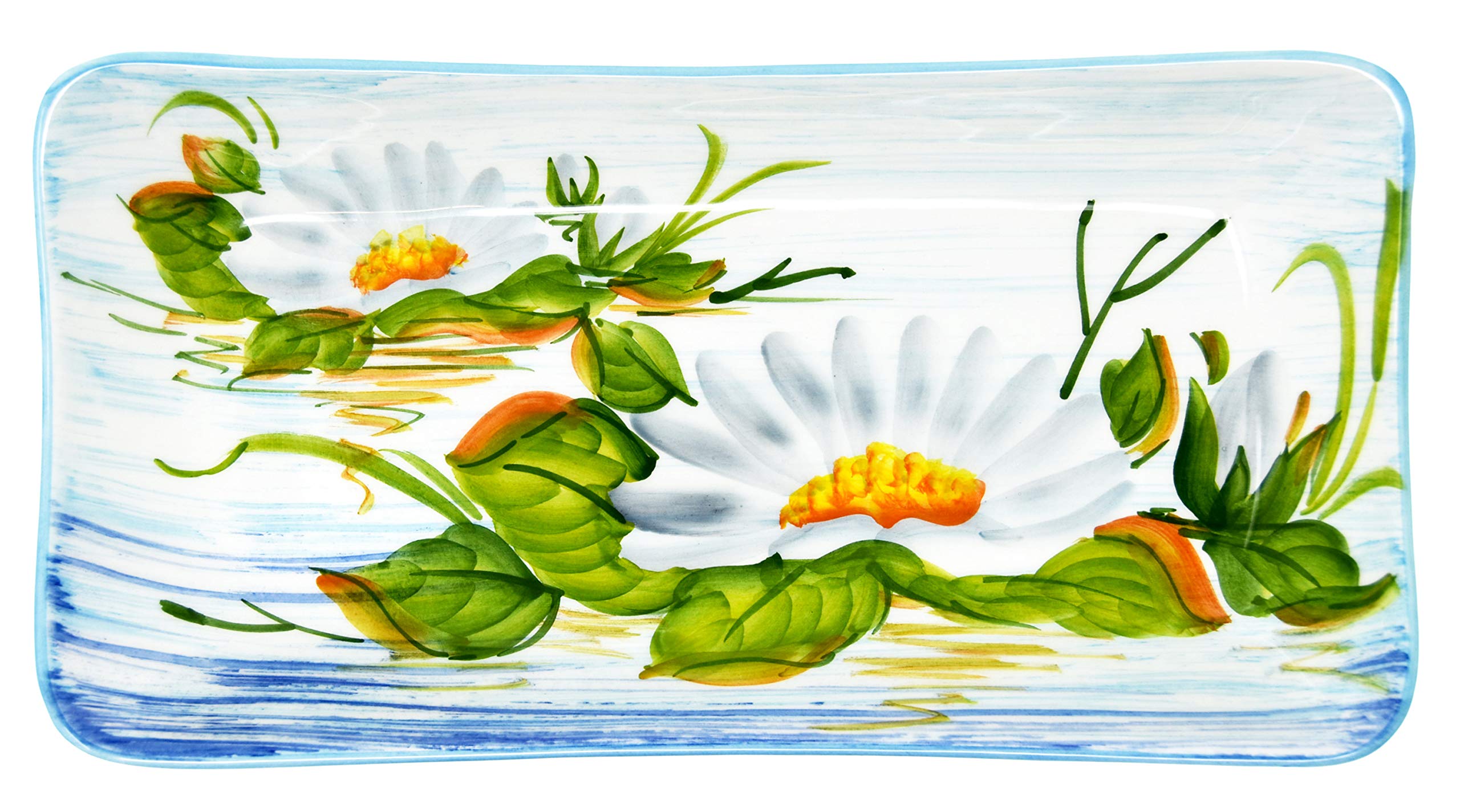 Lashuma Eckiger Dekoteller Keramik mit Rand, Bemalte Servierschüssel Design: Seerose, Salatplatte Größe 33x17 cm