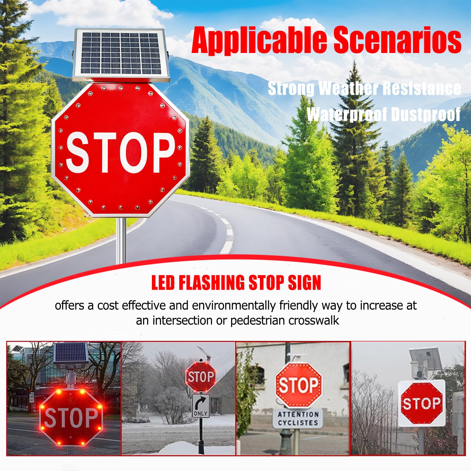 Señal de Stop LED Solar de 61 cm, Intermitente y Reflectante, con Marco metálico Octogonal Resistente a la corrosión, Resistente al Agua IP65, Ideal para estacionamientos, autopistas.