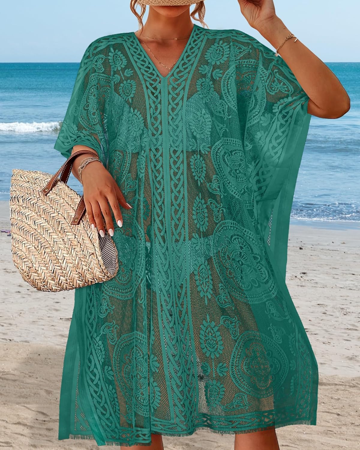 Womens Lace Bathing Suit Cover Up V Neck Swimsuit Coverup Summer Swim Coverups Loose Bikini Beach Dress - Image 2