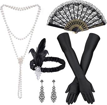 Nydotd 1920s Great Gatsby Accessories Set for Women Flapper Accessories Fashion Roaring 20s Costume Feather Headband Gloves Pearl Necklace Lace Fan