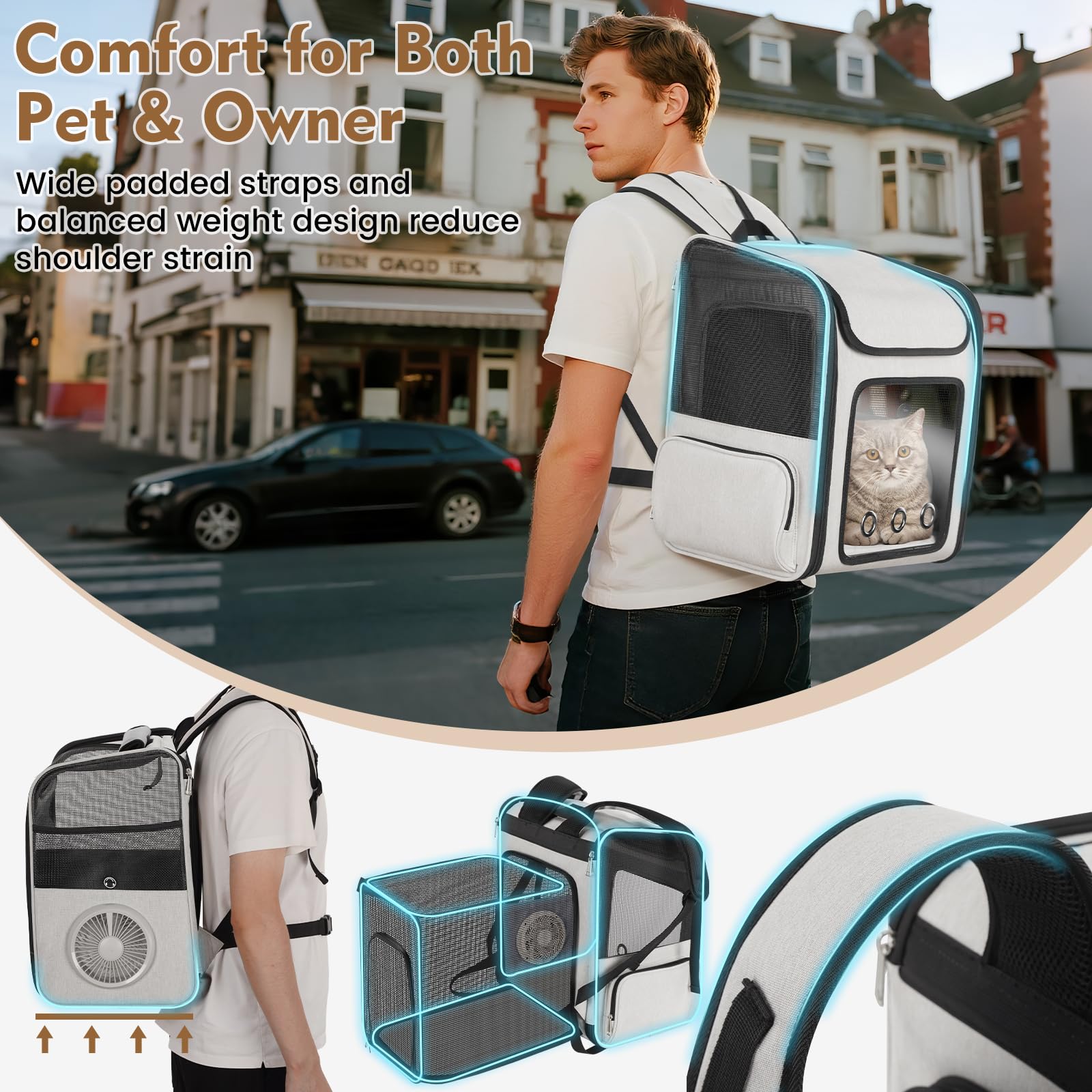 TTPet Pet Backpack Carrier with Built-in Cooling Fan & Heating Pad, Expandable Cat Carrier Backpack for Cats and Small Dogs, Ventilated Travel Backpack Carrier for Hiking/Outdoor/Vet Visits, Grey - image 6