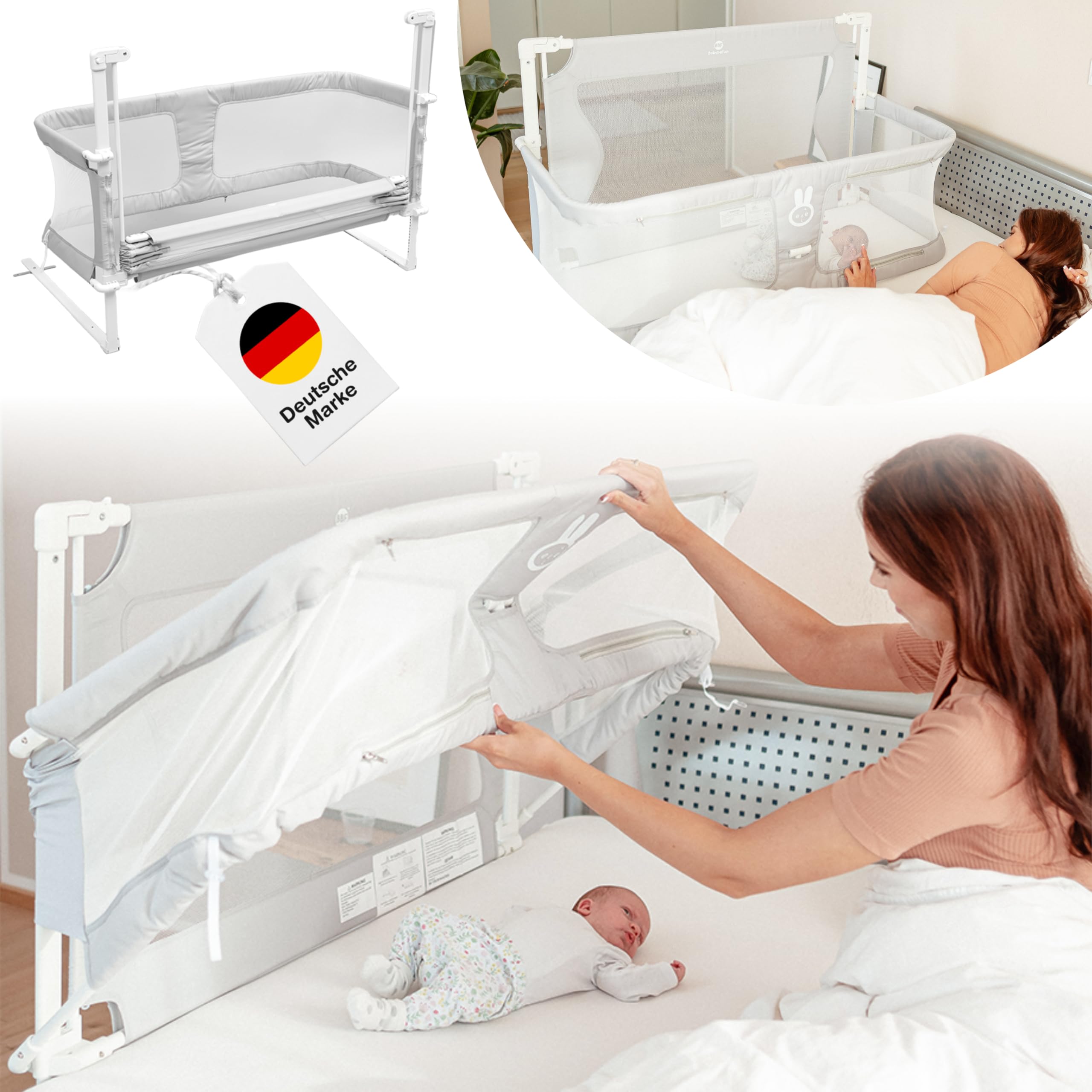 BabybeFun Beistellbett Baby [Stillen im eigenen Elternbett] Babybett für Boxspringbett und normales Bett mit Überrollschutz [Extra Sicher] Rausfallschutz Bett | Kinderbett Alternative