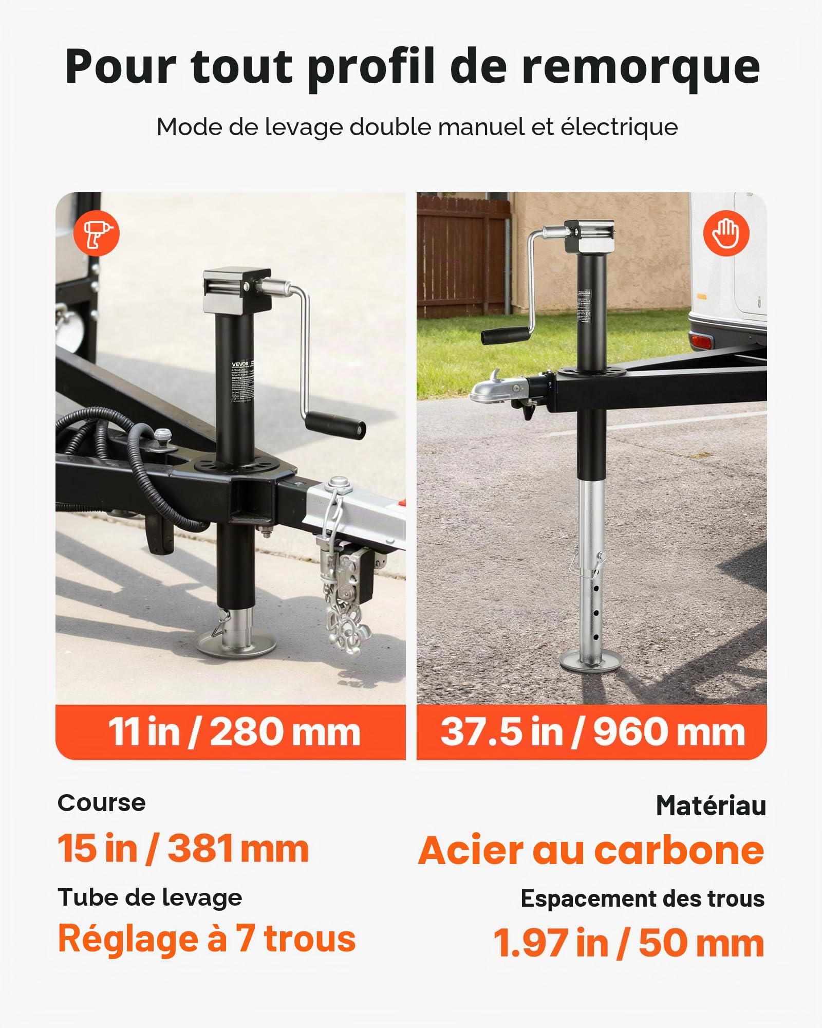 VEVOR Cric de Remorque Cadre A 2267 kg Course Verticale 381 mm avec Pied Réglable 7 Niveaux, Douille pour Perceuse, Compatible avec Perceuses sans Fil, Convient aux Remorques VR, Utilitaires, Yachts