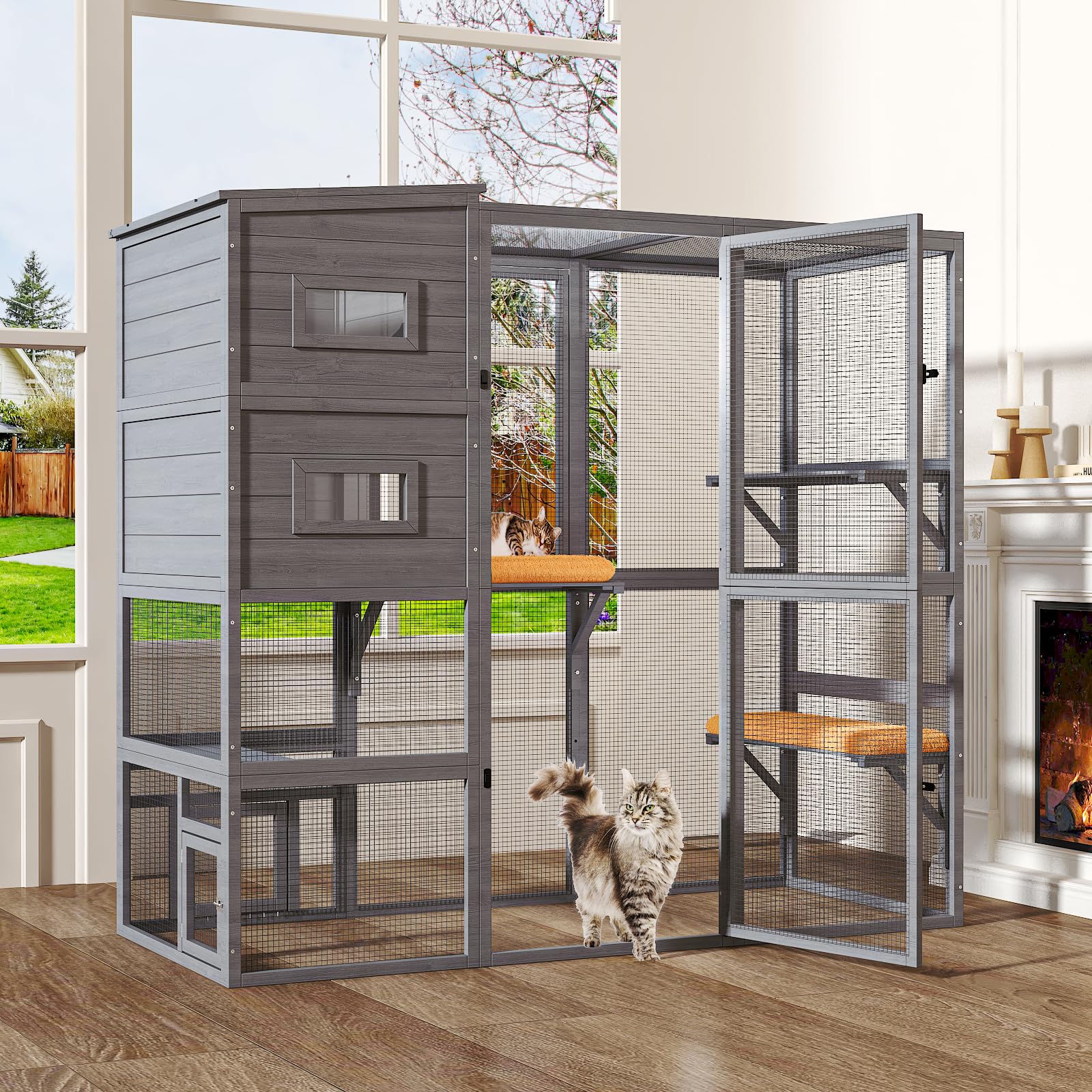 Large Indoor Cat Catio, 4 Tier Outdoor Cat Enclosures House for Cats with Weatherproof Roof, 3 Resting Rooms, 3 Platforms, Cats Catio Connect to Window with 2 Large Door, Feral Pet Shelter
