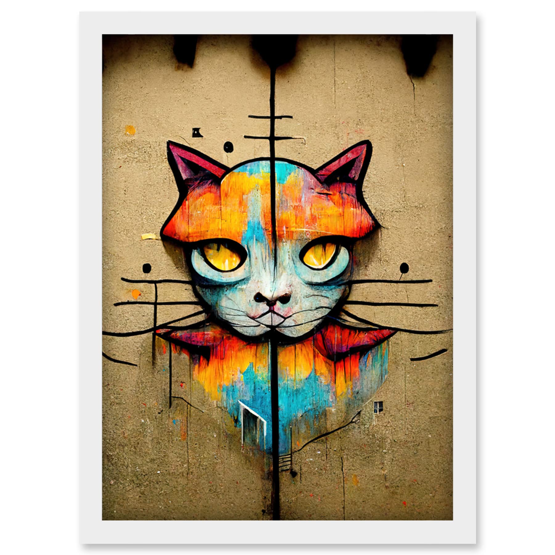 Doppelganger33 LTD Vibrant Symmetrical Street Art Mural Graffiti Cat Artwork Framed Wall Art Print A4
