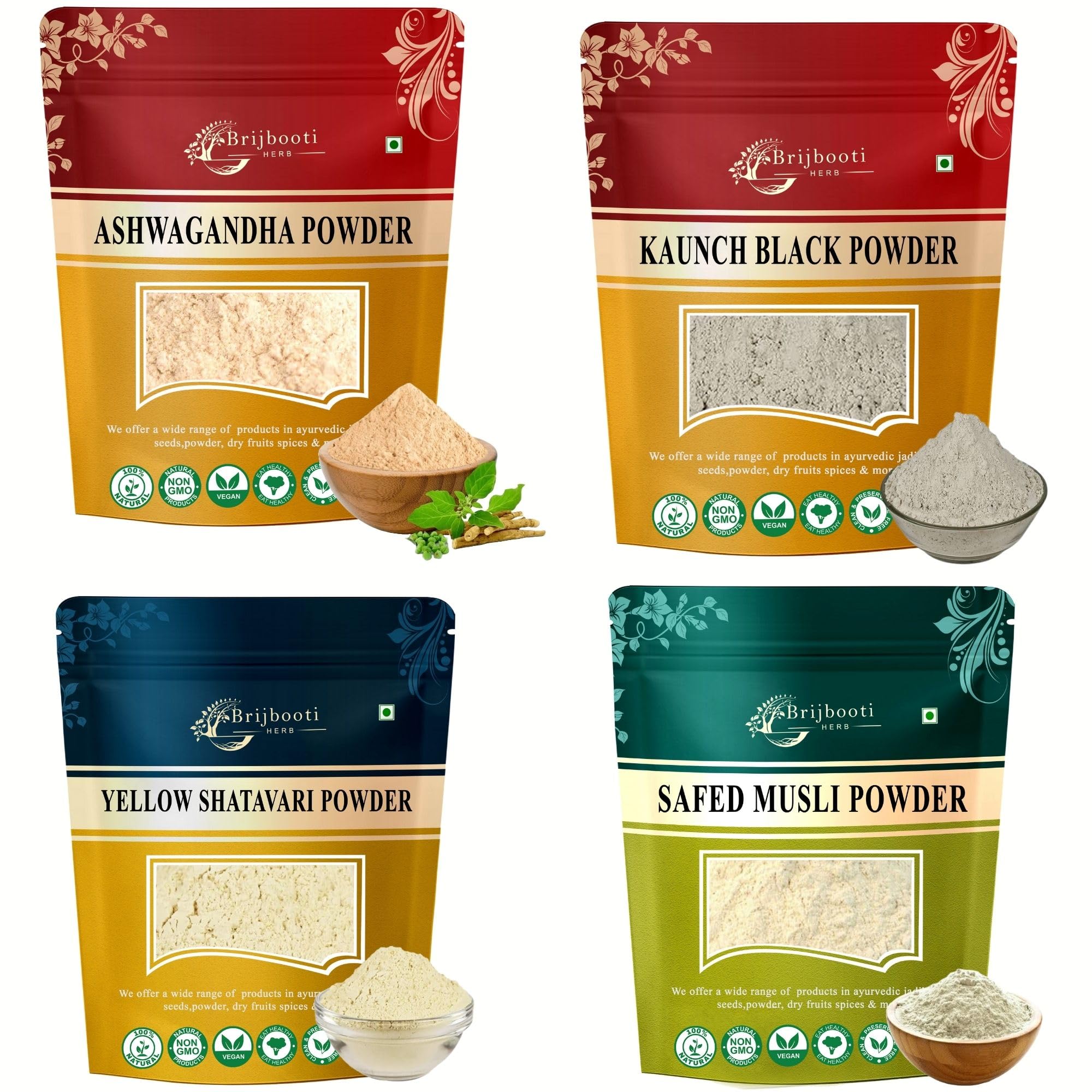 Birju Mahavir Combo Pack of Safed Musli Ashwagandha Kaunch Shatavari 100 Each, Multi-colored, Powder, 400 gram