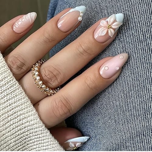 Almond French Tip Press on Nails Medium Length Fake Nails