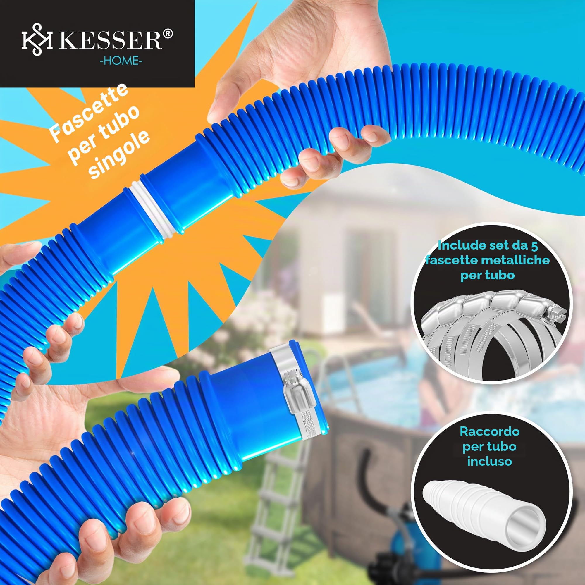 Tubo per piscina KESSER | tubo per con manicotti | tubo solare per piscina da esterni e al coperto | aspirazione | flessibile per pompa | flessibile dell’acqua