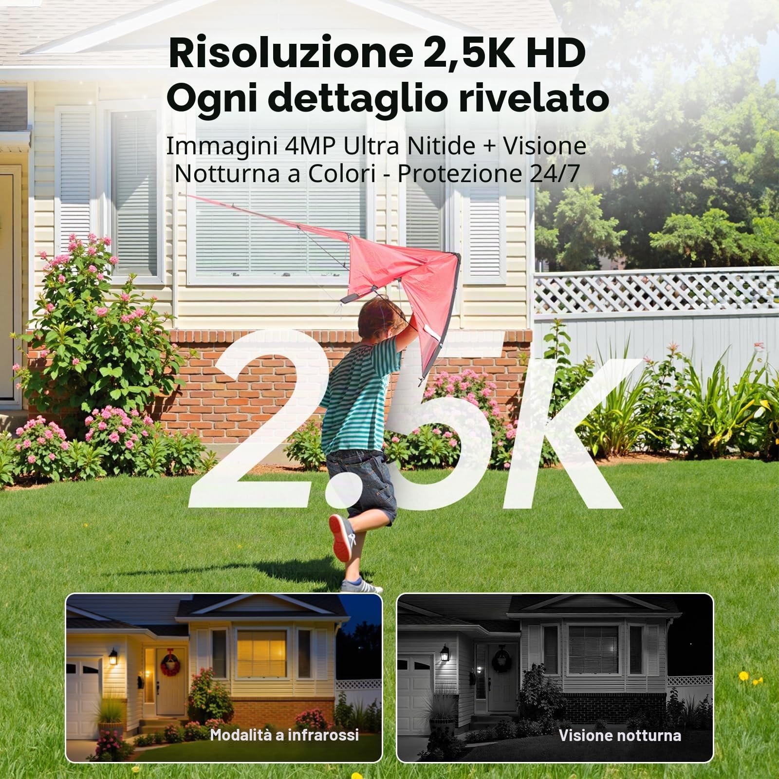 Woox Telecamera Pannello Solare Esterna 2.5K 4MP, Telecamera WiFi Esterno Senza Fili con Batteria Integrata, Visione Notturna a Colori, Rilevamento PIR Persone, IP65, 2.4GHz