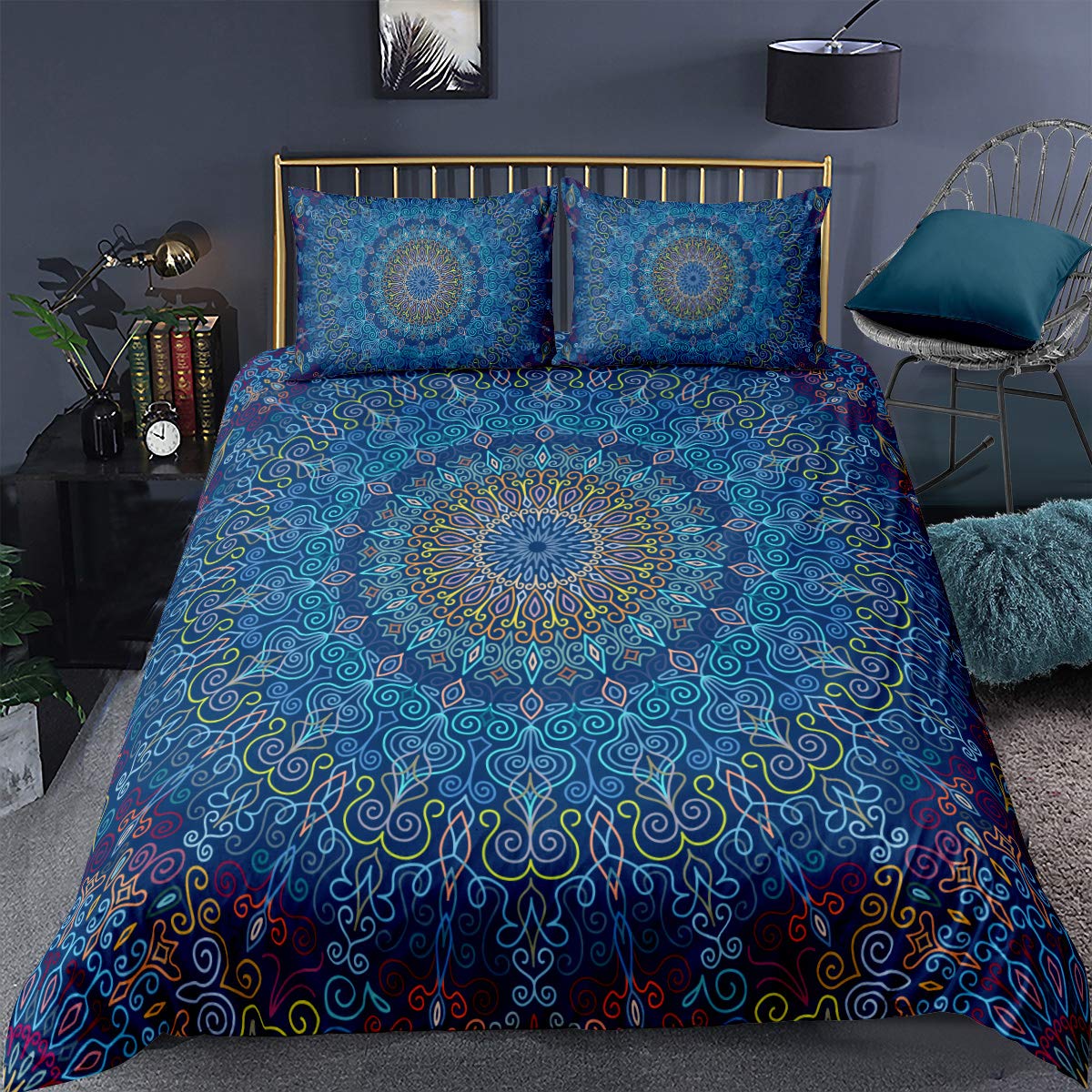 Loussiesd Mandala Duvet Cover Set King Bohemian Boho Bedding Set Ethnic Exotic Floral Print Bedding Set Blue Mandala Flower Bedspread Cover with 2 Pillow Shams Microfiber Quilt Cover Zipper
