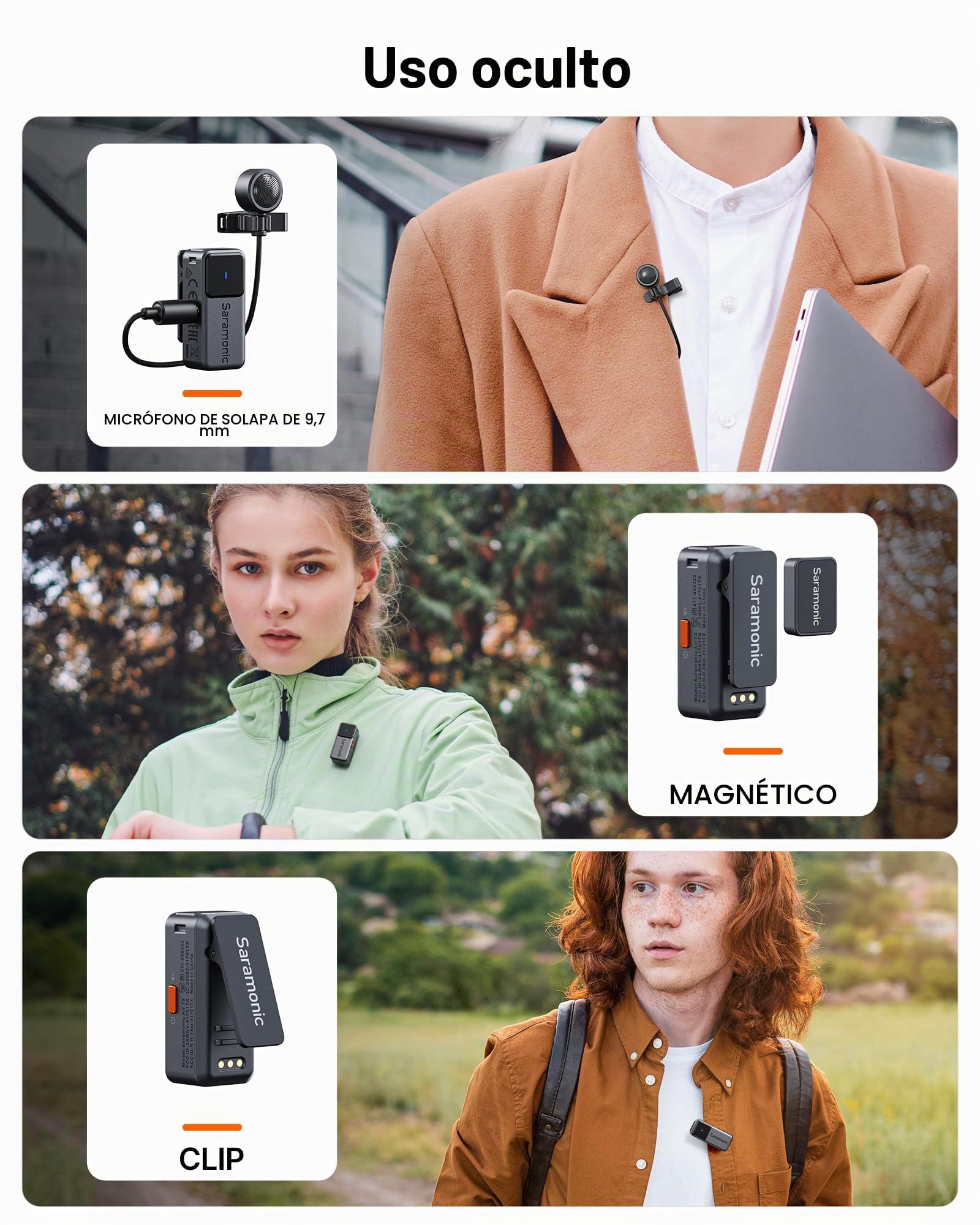 SARAMONIC Air microfono inalambrico para Movil, Micrófono de Solapa Externo de ø9,7 mm, 48 KHz/24 bit, SNR 90dB, Mini Microfono para iPhone Serie 15/16, Microfono de Solapa con Conector USB-C, 300m