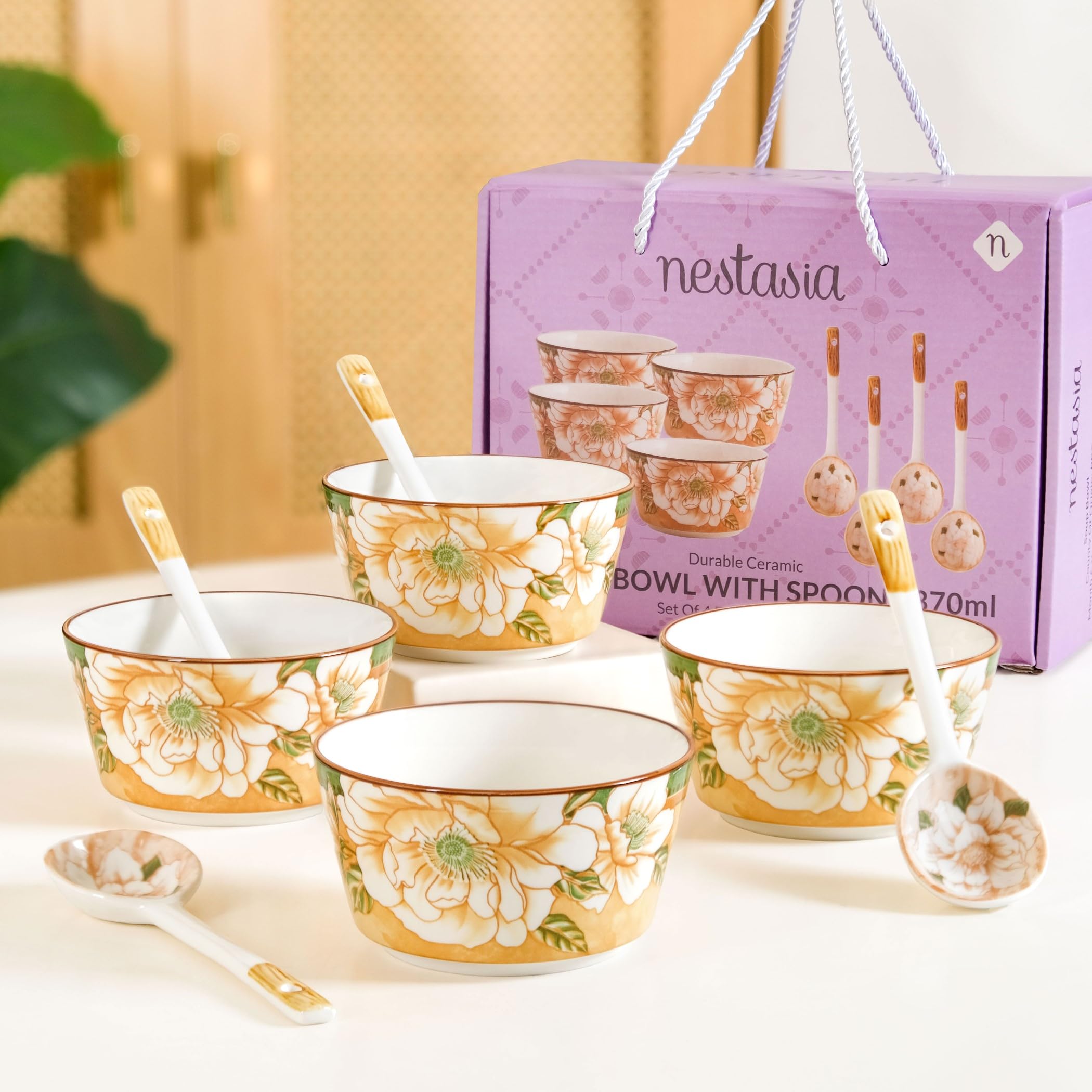 Nestasia Ceramic Snack Bowl Set of 4 (370ml) - Dishwasher & Microwave Safe Bowl with Spoons, Multipurpose Serving Bowls for Soup, Rice, Dal, & Salad | Floral Mustard Gift Box Bowl Set