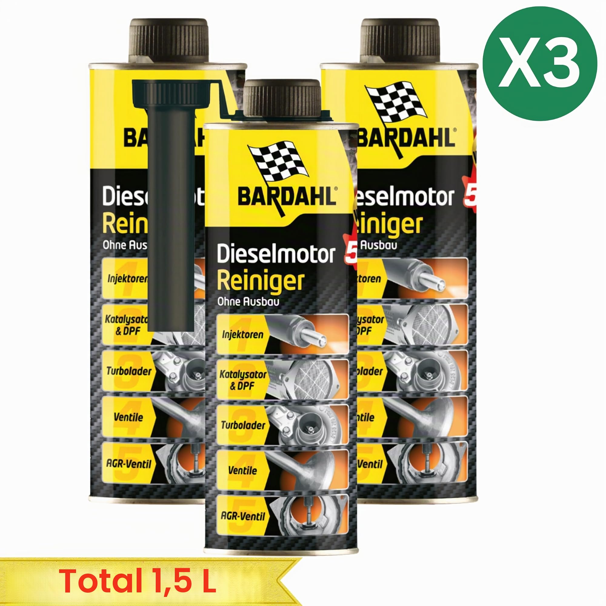 Bardahl Nettoyant moteur diesel, 5 en 1, nettoyage des soupapes AGR, du filtre à particules DPF, protection du système d’injection, 500 ml, 3 pièces