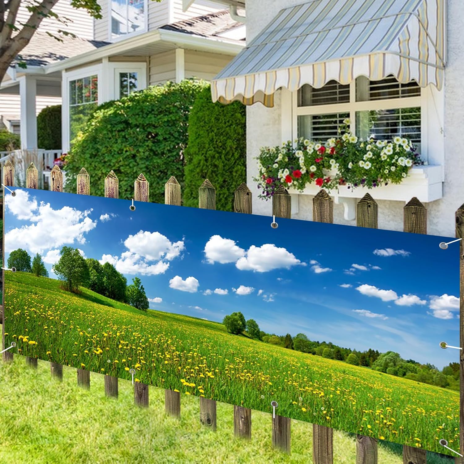7x16ft Green Field Garage Door Decorative Banner Blue Sky White Cloud Grass Trees Outdoor Decorative Wallpaper Mural Country Nature Field Landscape Theme Large Garage Cover