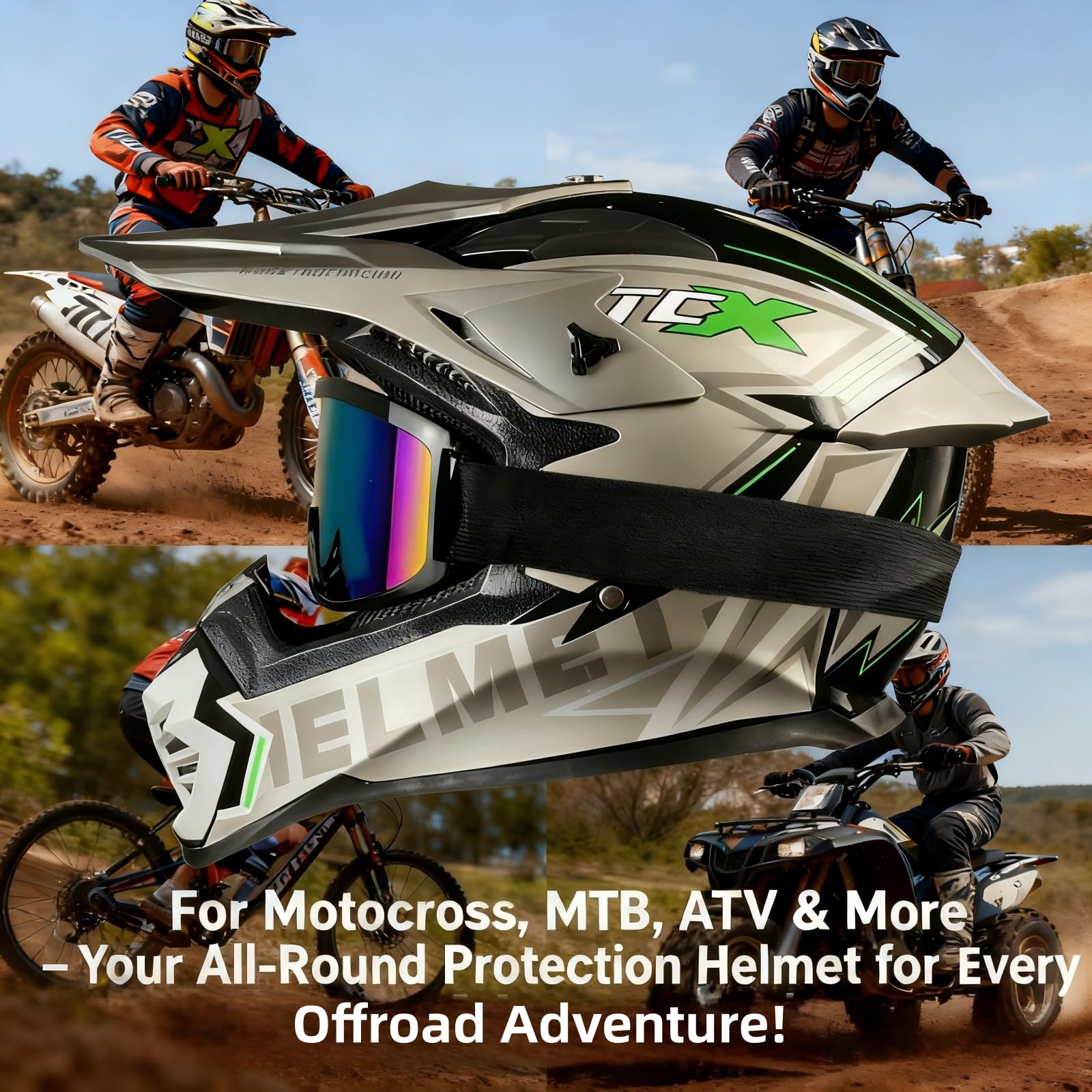 Casque Intégral pour Motocross et VTT, Casque Cross pour Adultes avec Lunettes, Masque et Gants, Casque Full Face Moto Downhill ATV Incluant 3 Garnitures de Différentes Tailles