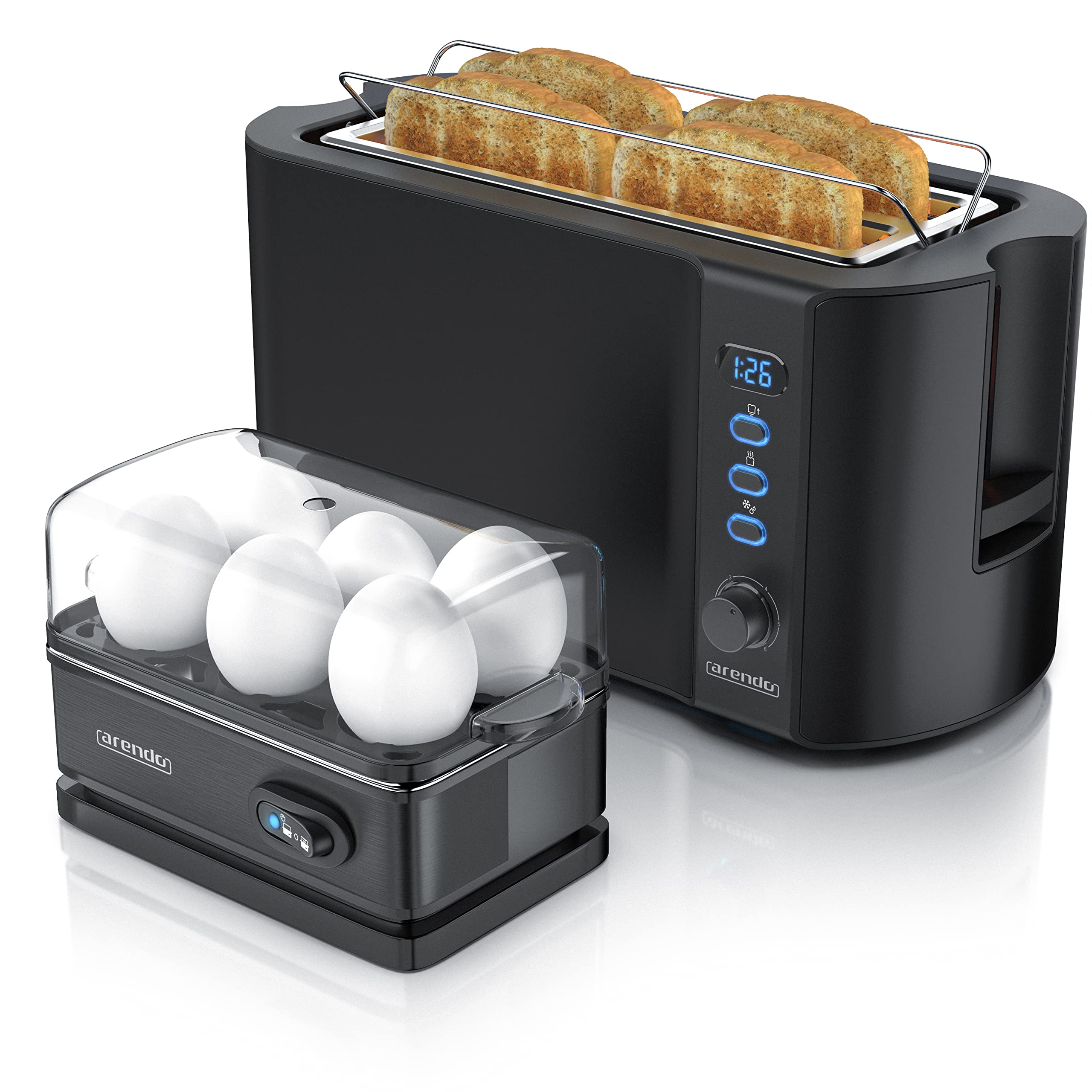 Arendo - SET Eierkocher SIXCOOK mit Toaster FRUKOST Edelstahl Schwarz, Toaster 4 Scheiben, LED-Display, 6 Bräunungsgrade, Brötchenhalter - Eierkocher 1-6 Eier, Messbecher