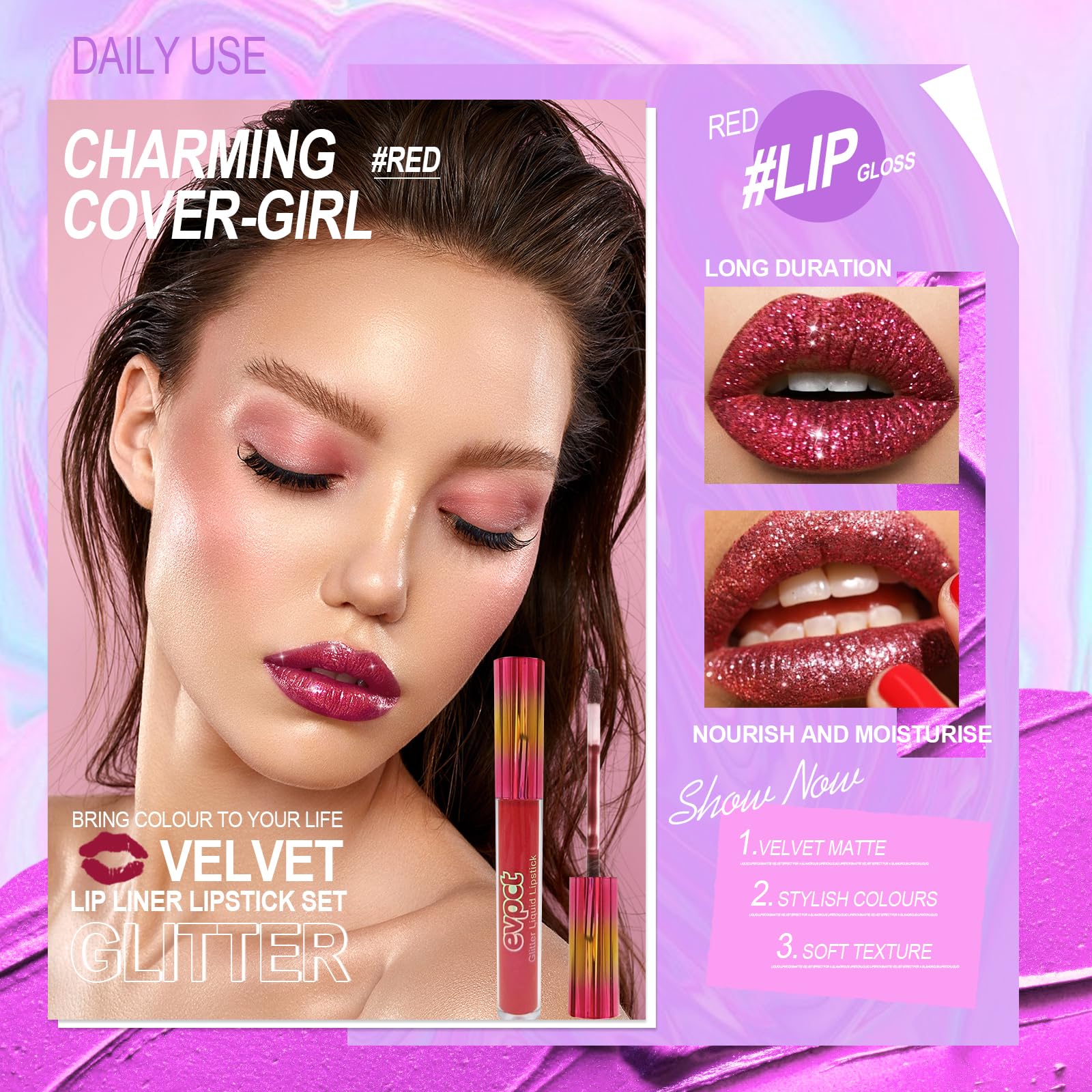 Likesing 3 Pezzi Rossetto Lunga Durata Set Lucidalabbra Rossetti Kit Labbra Opaco Rosso Rossetto Glitter Liquido Lipgloss Rossetto Volumizzante Lipstick Matte Trucco Regalo Donna per Trucchi Ragazza