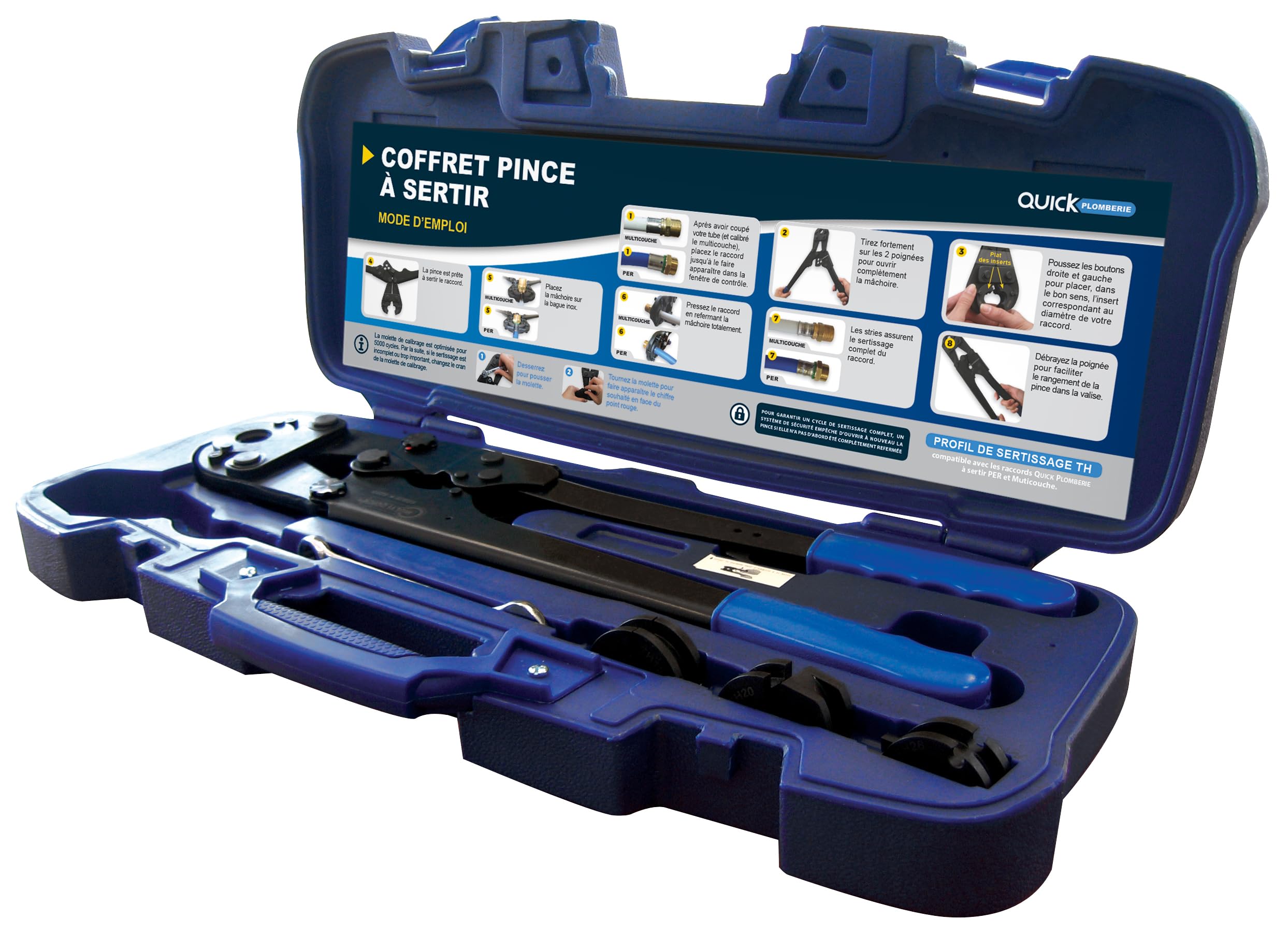 Set con pinza di pressatura manuale + 4 ganasce | Profilo TH Ø12-16-20-26 mm | Sistema a cricchetto per una pressatura precisa | Resistente e durevole | Valigetta robusta | QUICK PLOMBERIE