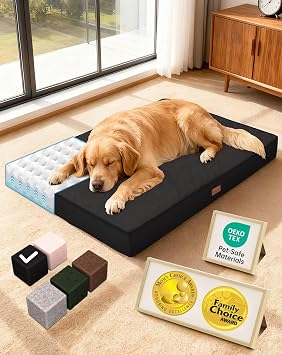 OhGeni Orthopedic Waterproof Dog Bed for Large Dogs, Machine-Washable Removable Cover in Easy-Clean Fabric, Reversible Memory Foam & Easy-Carry Handle, Suitable for Crate, 41 inch Black